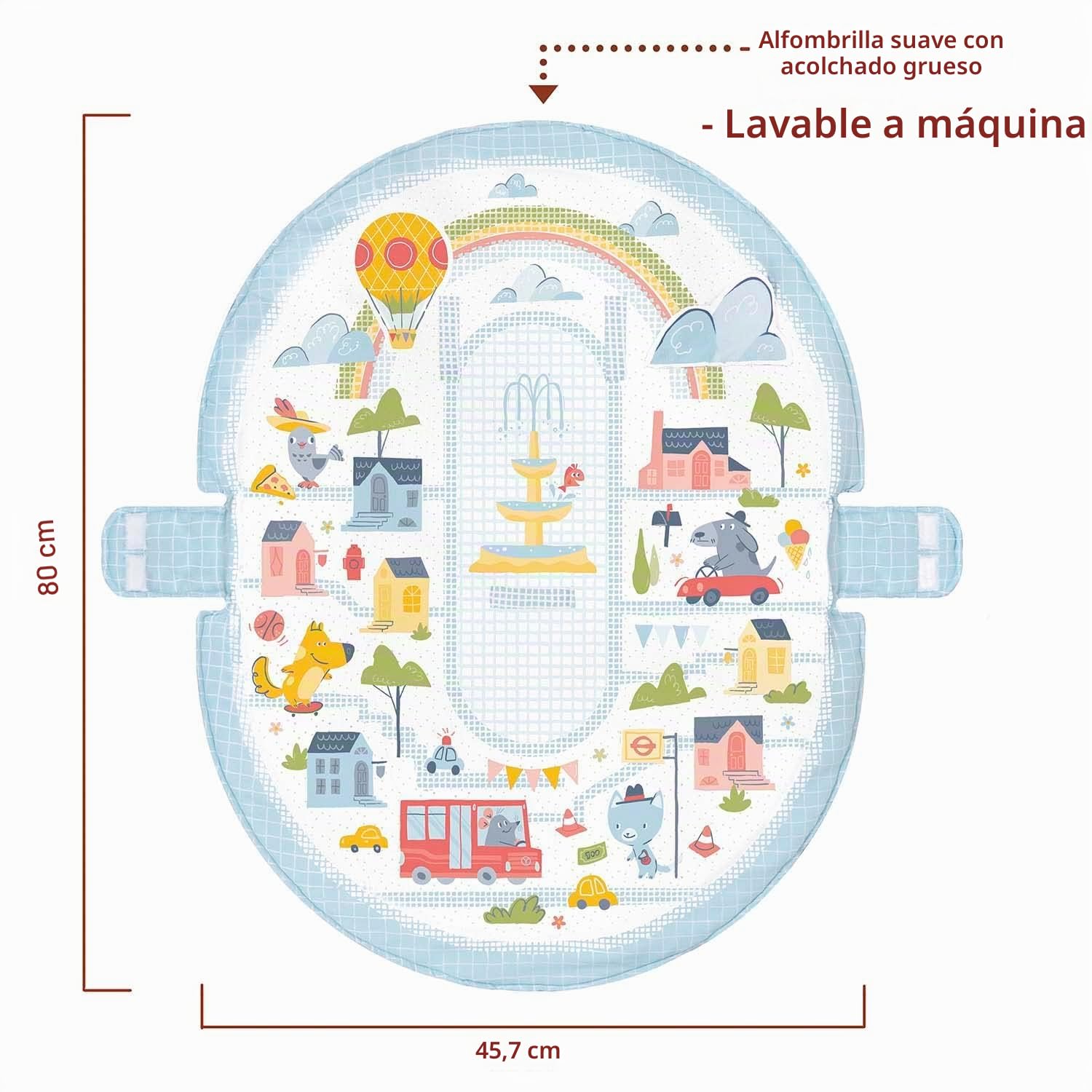 Yookidoo 3-en-1 Urban Gimnasio Bebé. Tumbado y Sentado Manta de Actividades con Cojín y Juguetes Infantiles. Fácil Plegado para Llevar. 0-12 Meses