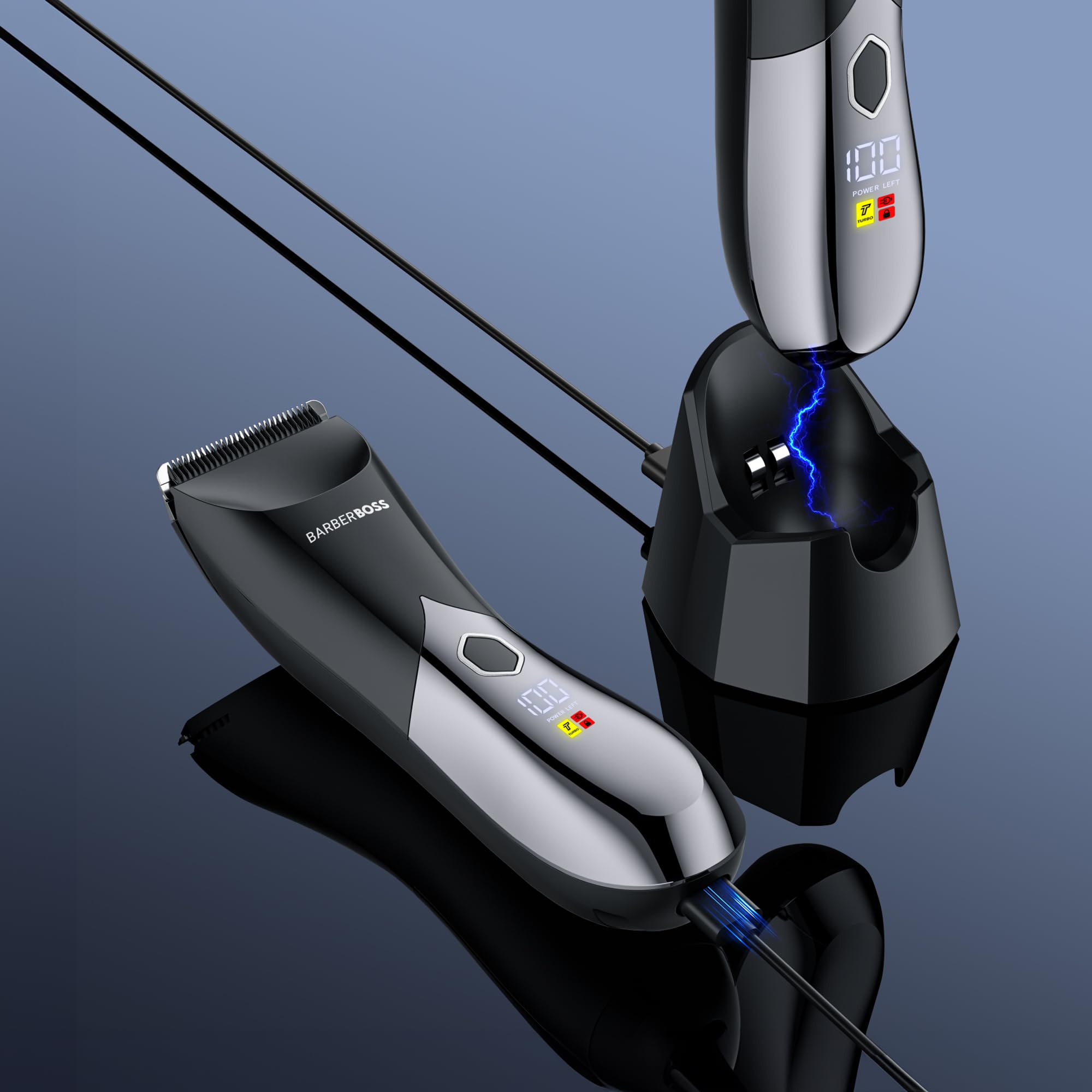 BarberBoss Regolabarba Uomo, Rasoio Elettrico Wet/Dry per Petto, Inguine e Intimo, Design Impermeabile con Doppia Velocità, Blocco da Viaggio e Base di Ricarica