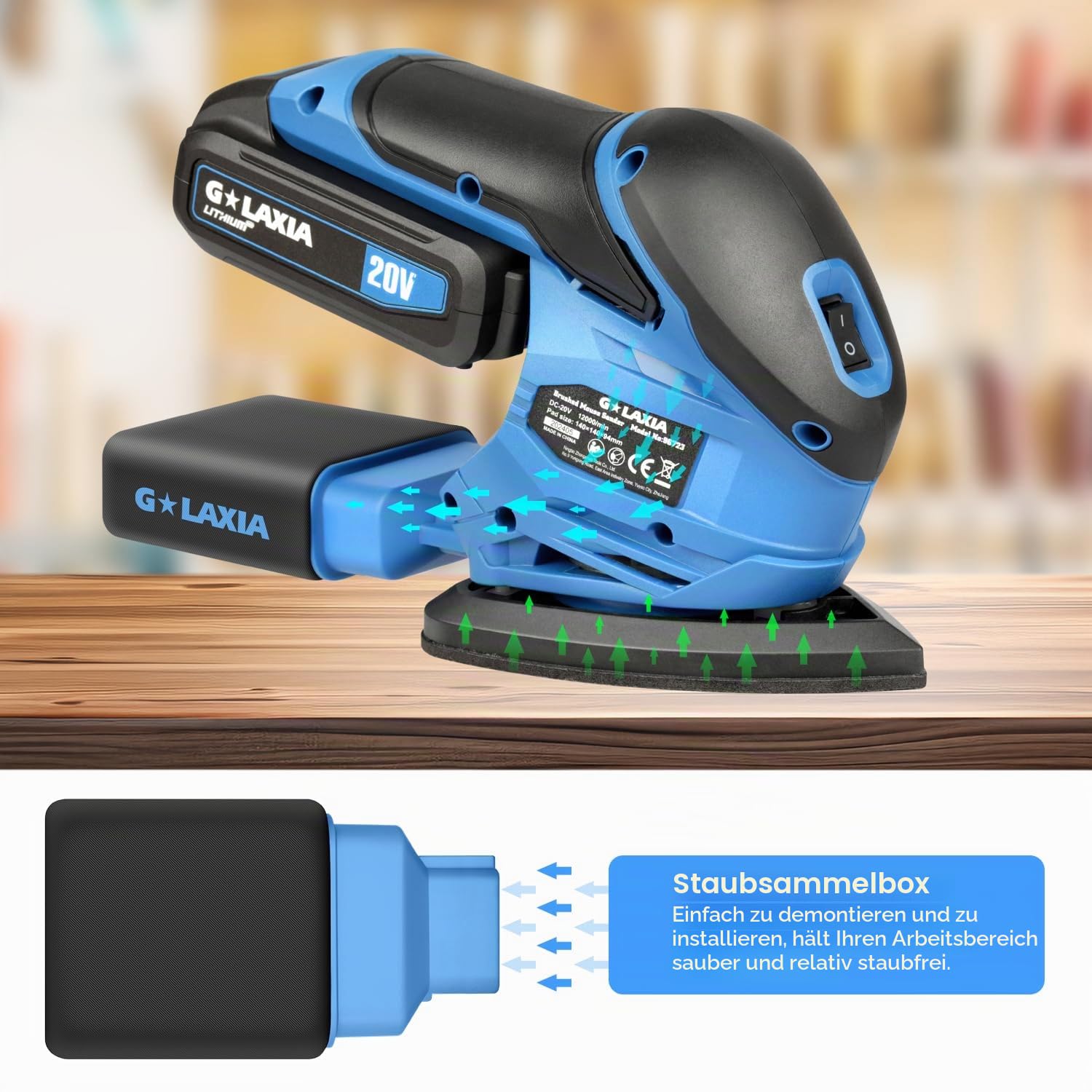 Akku-Multischleifer 20V Li mit Staubsammelbeutel | 20 Blatt Schleifpapier, 20V 140mm x 94mm Deltaschleifer mit Akku und Ladegerät