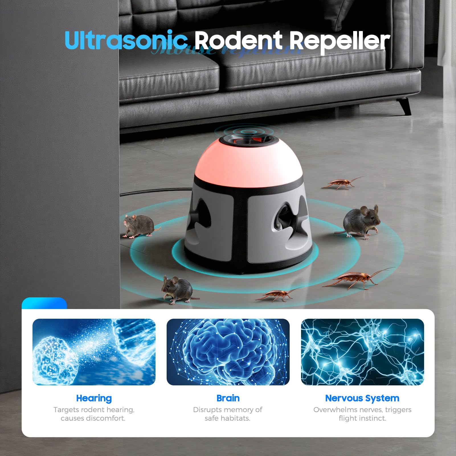 Repellente per Topi, 360° Dissuasore per Topi con Luce Lampeggiante, 4 Modalità Repellente Ratti, 200 M² Ampia Gamma Ultrasuoni per Ragni, Esterno Interno per Roditori Ratti Formiche Ragni Scarafaggi
