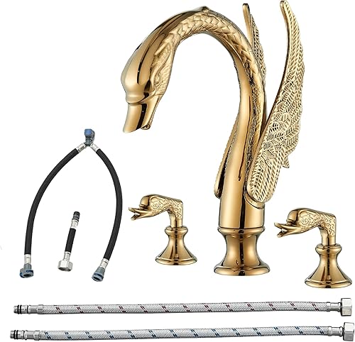 Miniatura 1 de Gold Swan - Grifo para lavabo de baño, 3 agujeros, grifo de baño, doble cisne, lavabo, mezclador, grifo mezclador de baño, grifo contemporáneo,