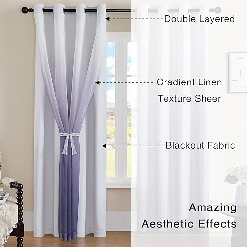 Miniatura 2 de naturetalk Cortinas opacas del 90% al 95% con degradado traslúcido, juego de 2 paneles de cortina  Parte superior con ojales plateados antiguos