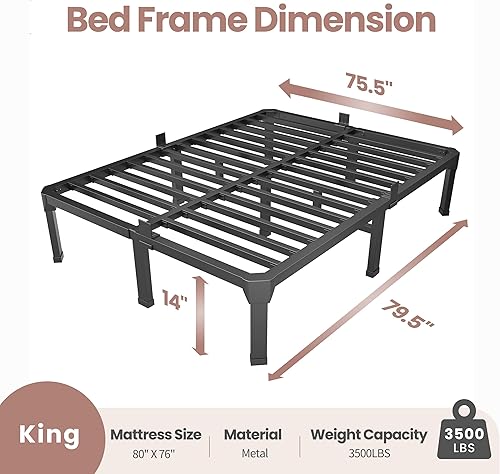 Miniatura 2 de ROIL Base de cama tamaño King de 14 pulgadas con tapón deslizante para colchón, plataforma de metal con listones de acero antichirridos de doble