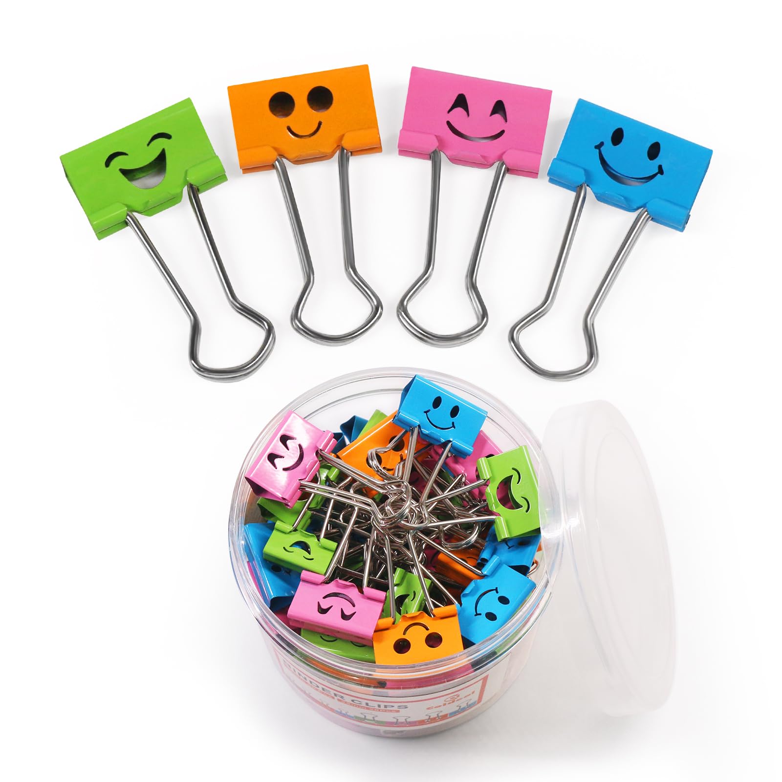CoidealSmiling Face Binder Clips Medium, 48 Pcs 1 Inch Smiley Metal Paper Clips Clamps Assorted Color with Cute Fun Smile Hollow for Office (25mm)