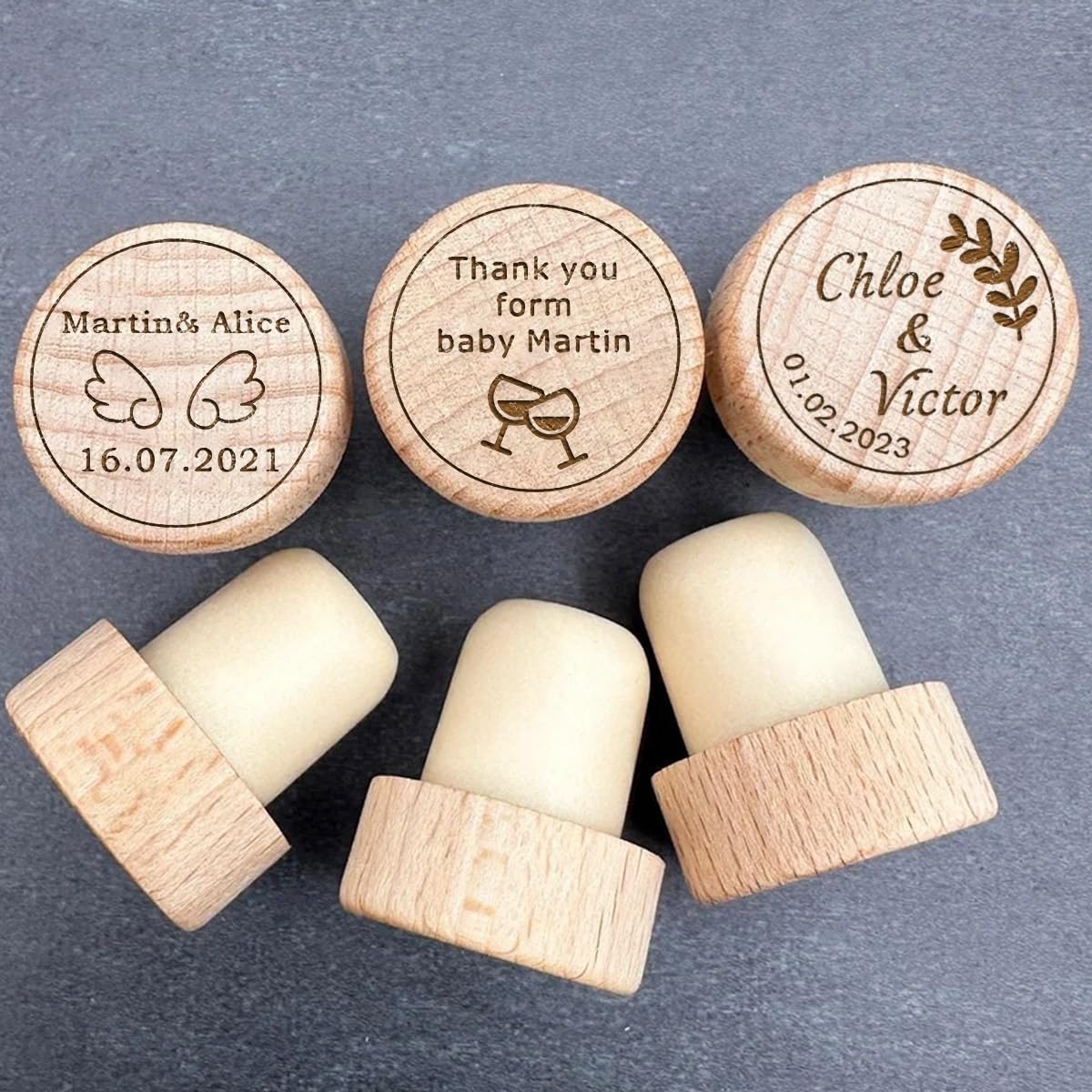 10 Pcs Personalized Wine Bottle Cork Stopper for Wedding Guest Favors, Custom Wooden Wine Stoppers with Engraved Name, Gift for Birthday Party, Baby Shower