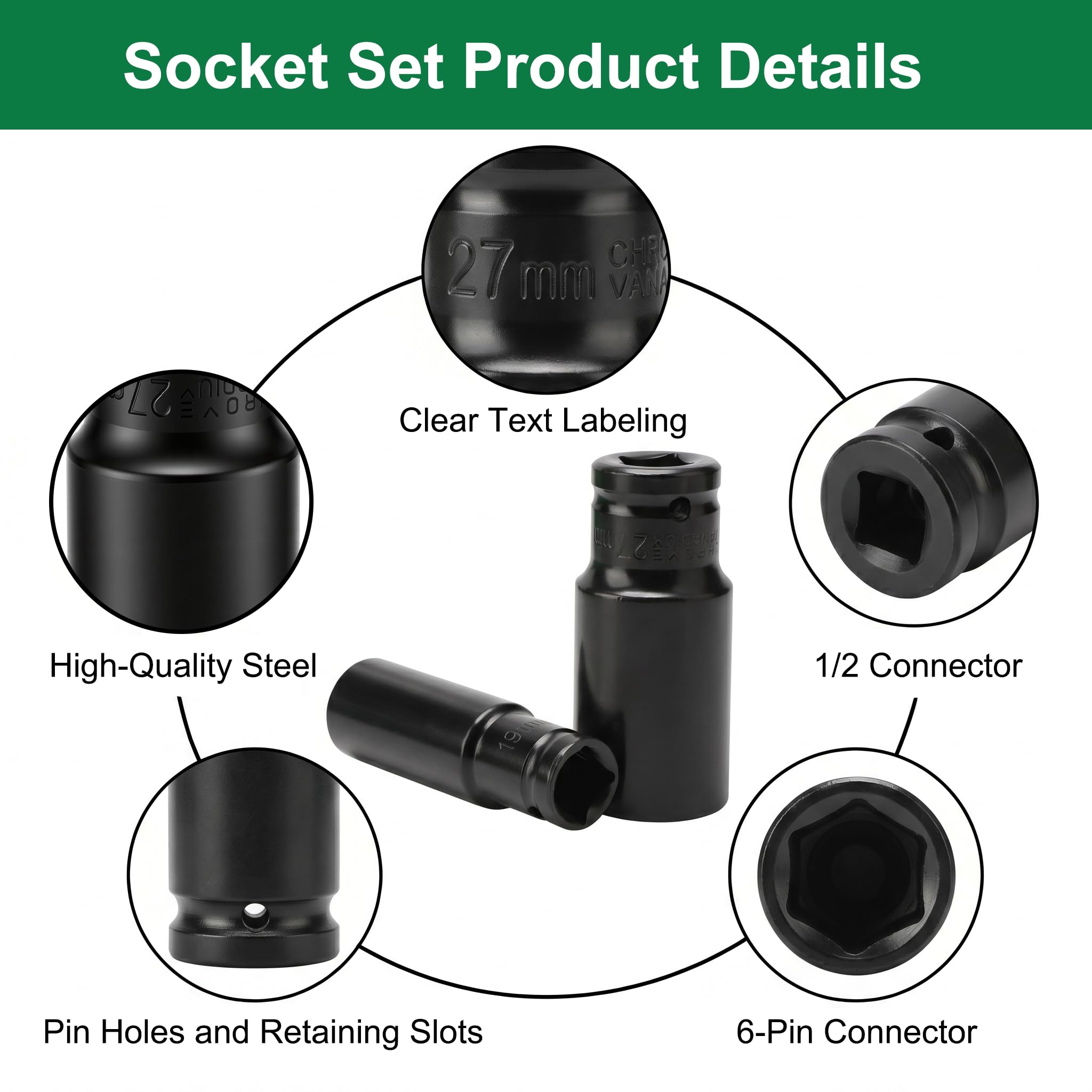 Schlagschrauber Nüsse Set 1/2" Zoll Antrieb, 10-32mm CR-Mo Sechskant Steckschlüssel Set für pneumatische und elektrische Schlagschrauber,robustes Stecknuss-Sortiment