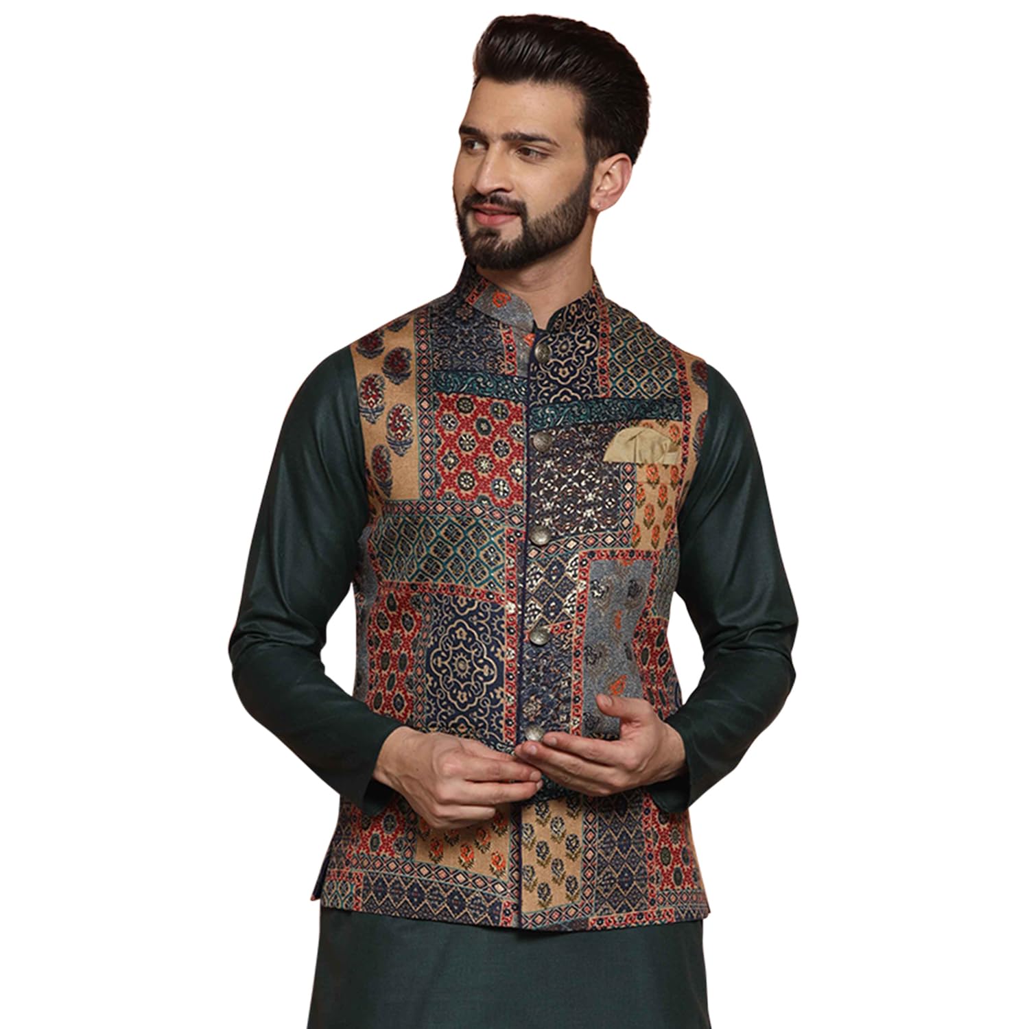 Men's Ethnic Wear Regular Fit Printed Cotton Blend Multi-Green Nehru Jacket