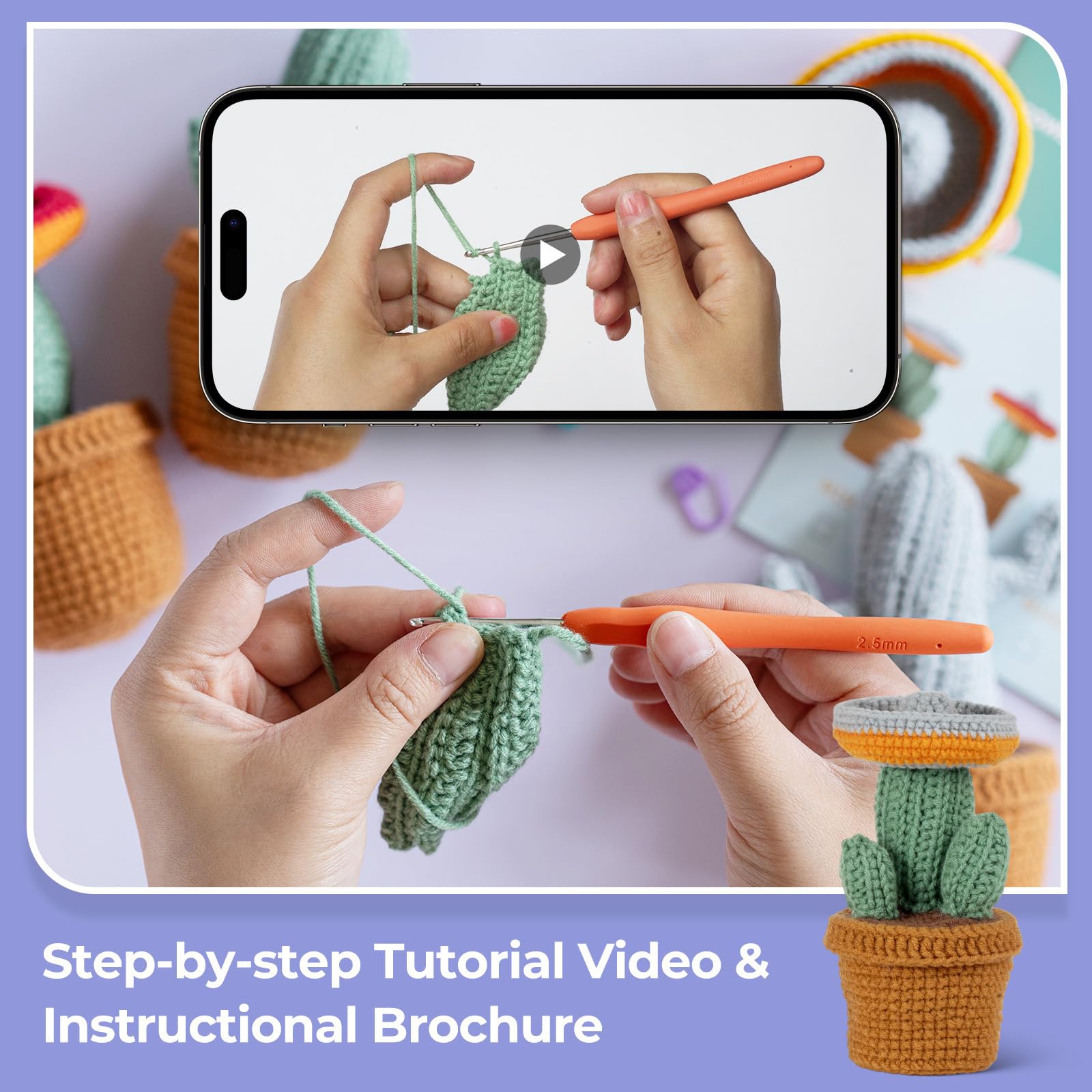 JasCherry Kit de crochet, kit de animales para principiantes adultos, regalo de crochet DIY con video instructivo paso a paso, hilo suave, manualidades de tejido - Cactus