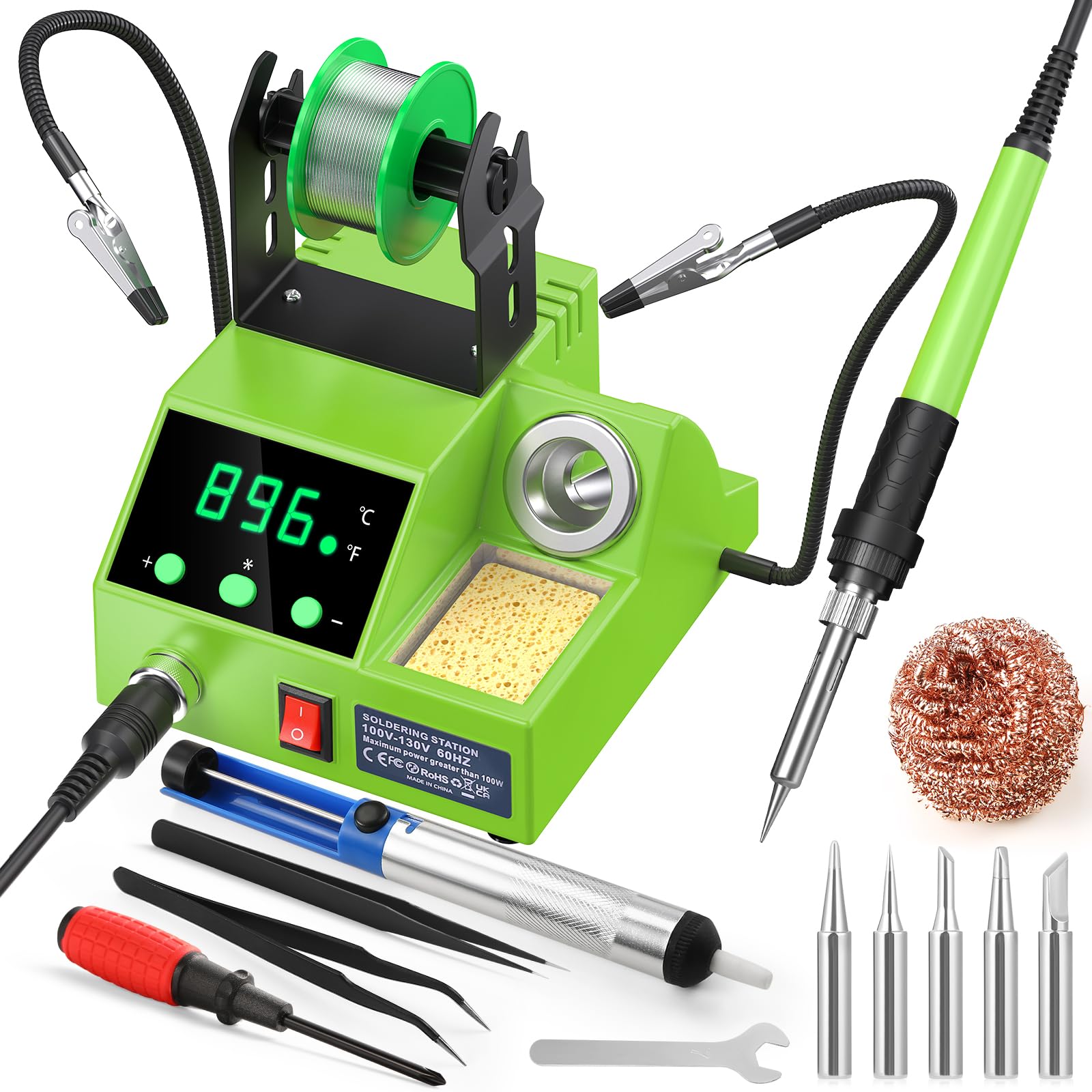 soldering station 100w digital display soldering iron station kit with 2 helping hands 356f - 896f auto sleep cf conversion solder wire tips stand pump tweezers tip cleaner green