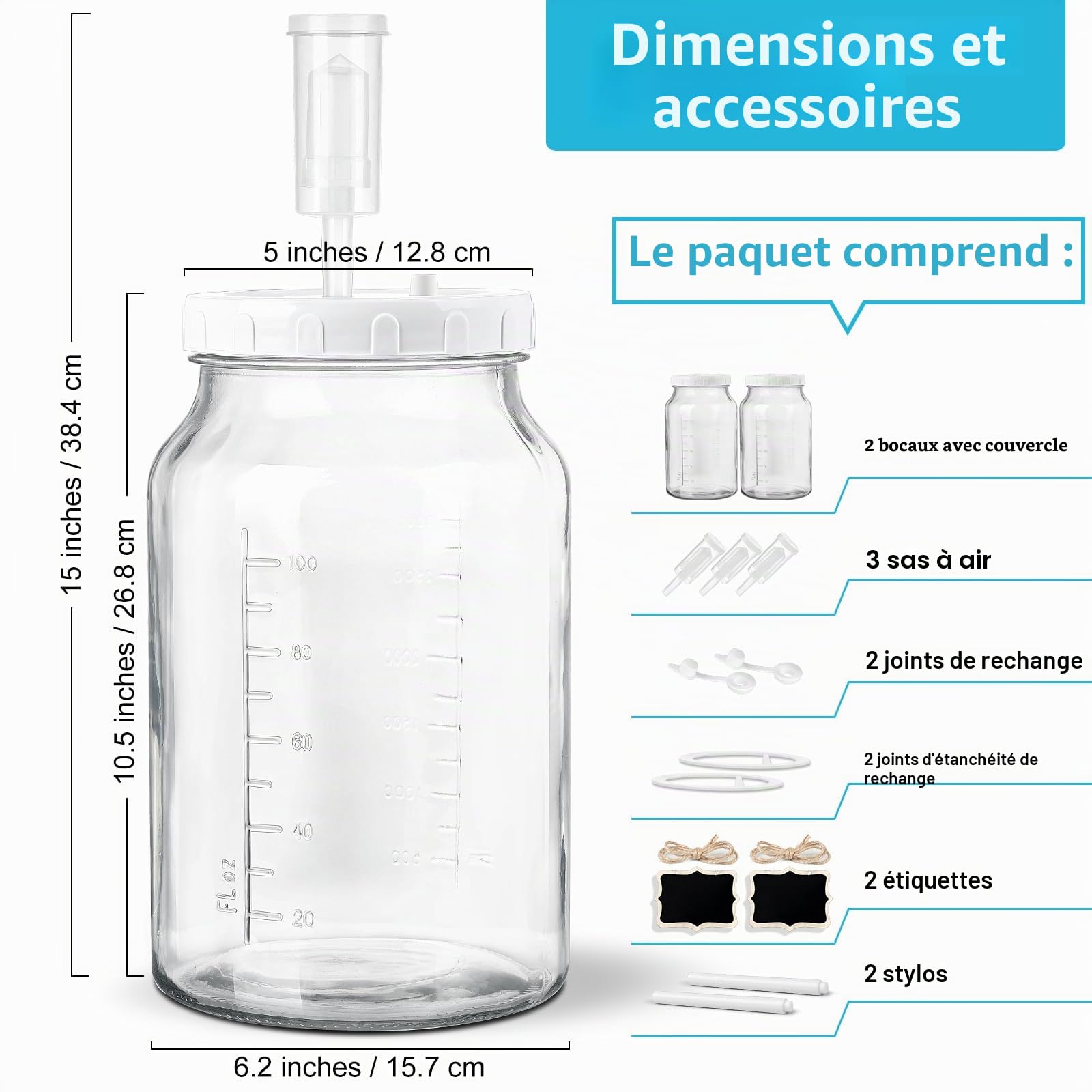 Absovetu Lot de 2 bocaux de fermentation avec sas et couvercles à visser 4 L – Bocaux de fermentation pour choucroute, levain, kimchi, kéfir kéfir