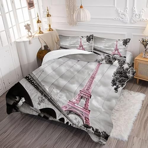 Miniatura 3 de kxry Juego de edredón de París rosa tamaño King para niñas, niños y mujeres, Torre Eiffel París Sena Paisaje urbano de París, decoración de