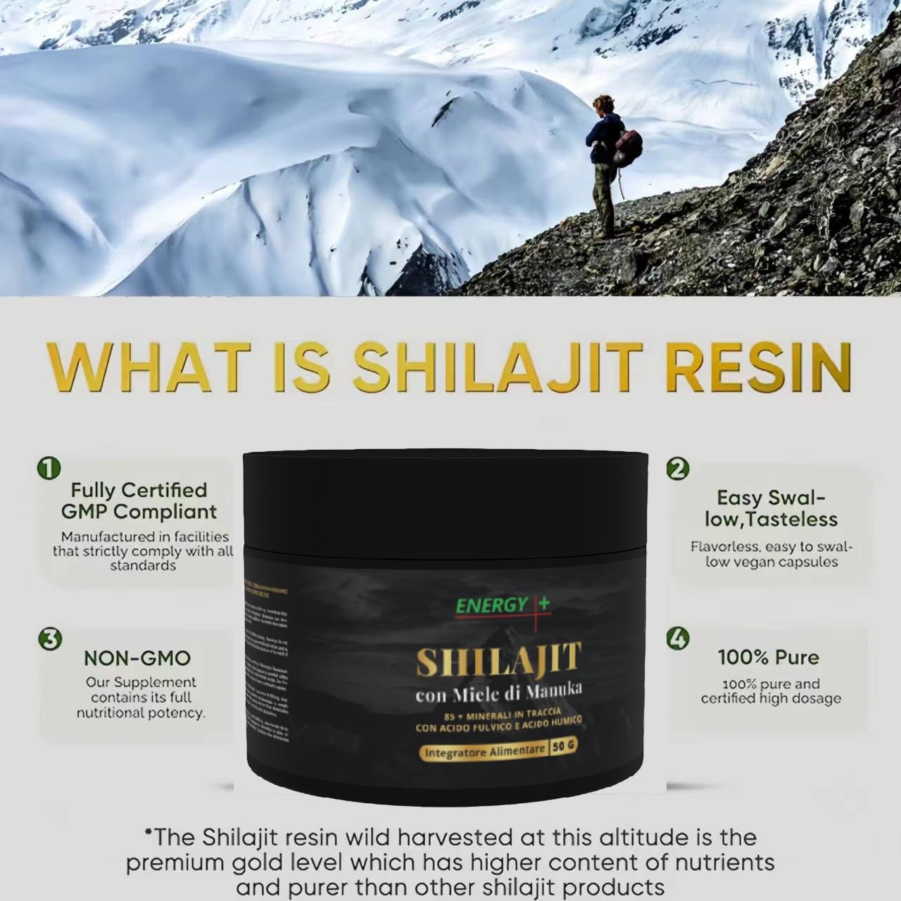 Resina di Shilajit Puro Originale dell'Himalaya con Miele di Manuka – Confezione da 50g - Energia Naturale e Immunità Potenziata – Scopri i Benefici di questa Composizione Rivoluzionaria