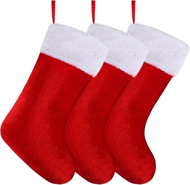 URATOT 3 Pack Christmas Stockings Buffalo Plaid Style Xmas Stockings and Plush Fur Cuff Stockings Fireplace Decorations for Family Holiday Xmas Party Decorations