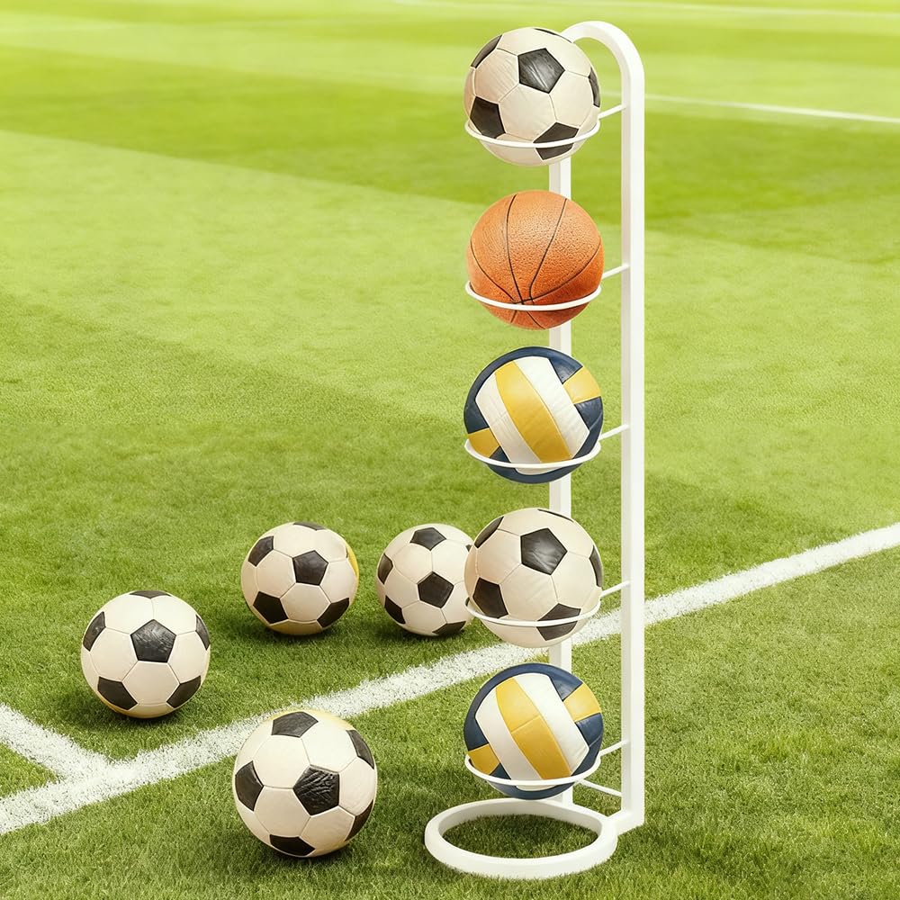 Soporte Balón Fútbol 5 Niveles, Estante Metálico Vertical para Baloncesto, Estantería Almacenaje Pelotas