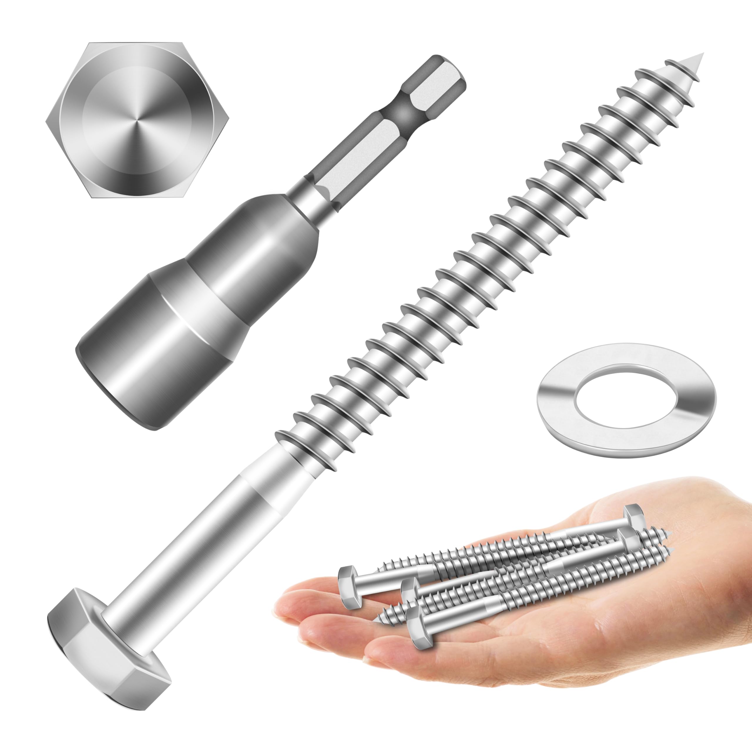 (15Sets) 1/4" x 3-1/2" Hex Head Lag Bolts, Heavy Duty Lag Screws with Washers, 304 Stainless Steel Bolts 18-8, Lag Screws Wood Screws, Partial Thread