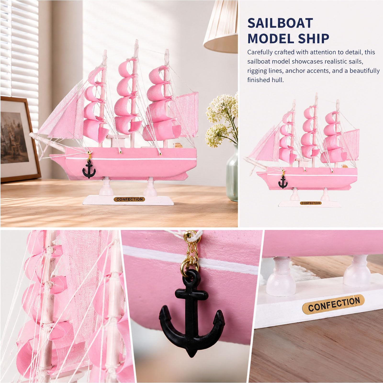 YLME Rosa Segelboot-Dekomodell Dekoratives Segelschiff Mit Realistischen Segeln Und Anker Akzent Für Strandhaus/Regal Für Schreibtisch/Tisch Einzigartige Geschenkidee,30cm