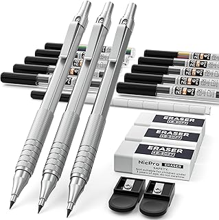 Nicpro Metal 2.0 Mechanical Pencil Set with Case, 3 PCS Drafting Lead Holder with 10 Tubes 2mm Graphite Lead Refill(HB 2H 4H 2B 4B) &Colors, Sharpeners, Erasers for Artist Writing, Drawing, Sketching