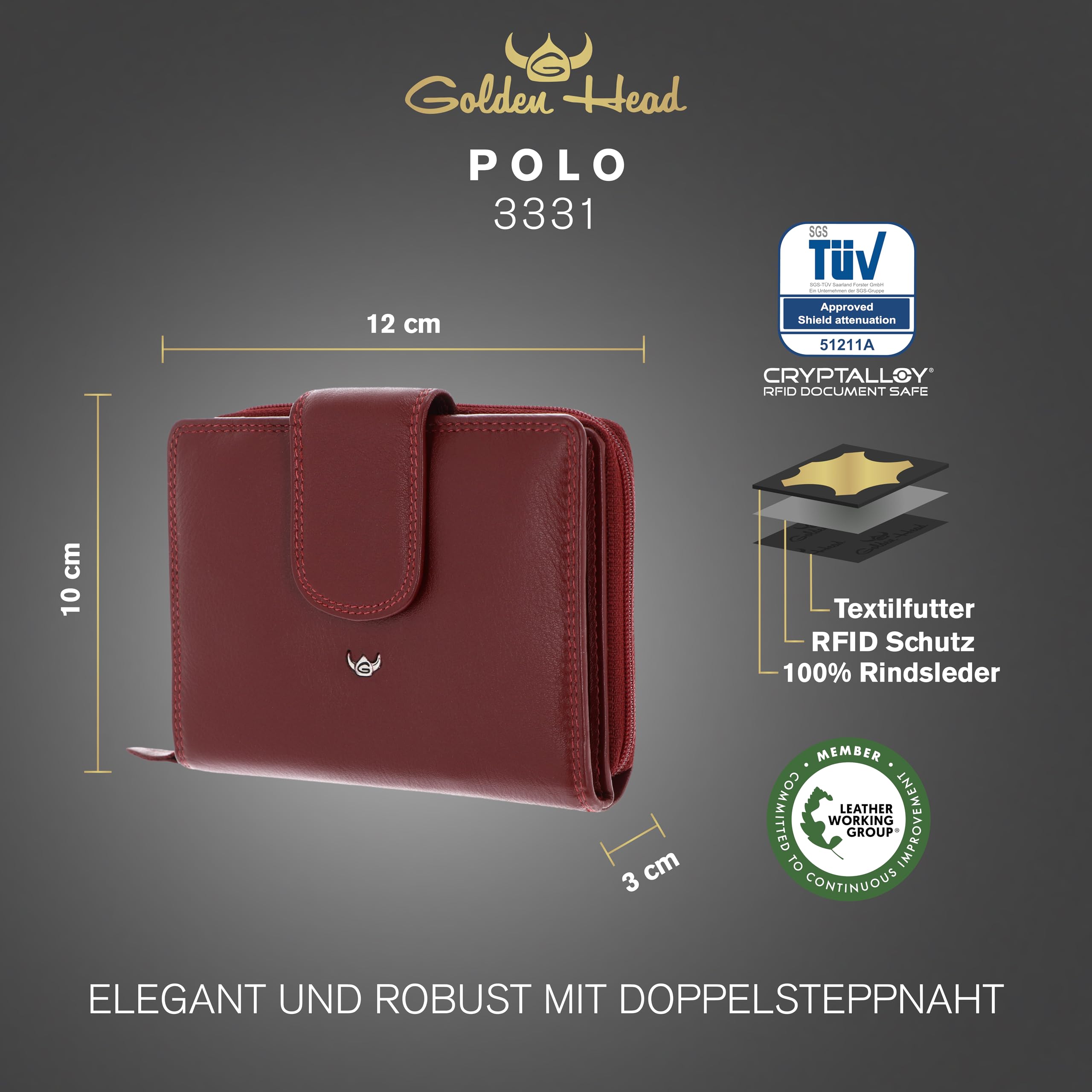 Golden Head Leder Geldbörse Polo RFID Protect RV-Börse 3331 Rot dunkelrot