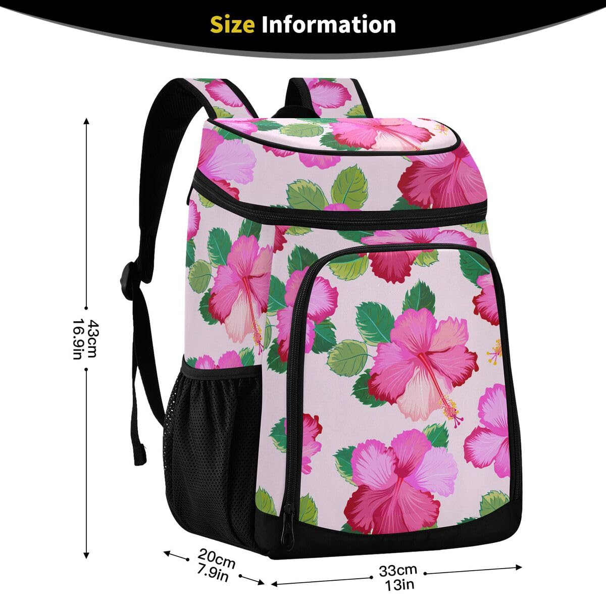 Hibiscus Flower Leaves Pink Cooler Backpack Leakproof Insulated Lunch Cooler Bag 30 Cans Camping Backpacks for Hiking Camping Beach