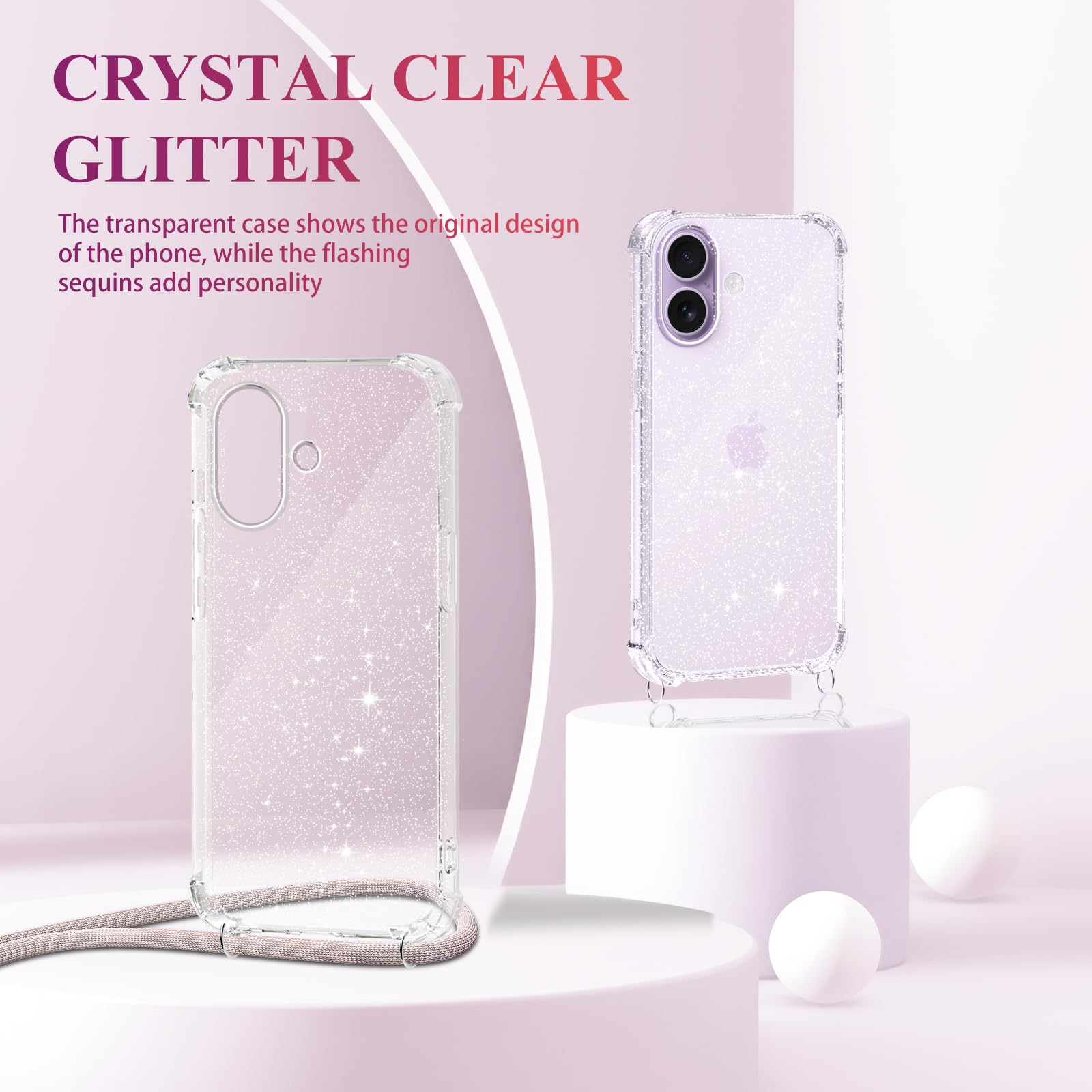 Tikgue Coque Pour IPhone 14 Avec Cordon, Collier Coque Glitter