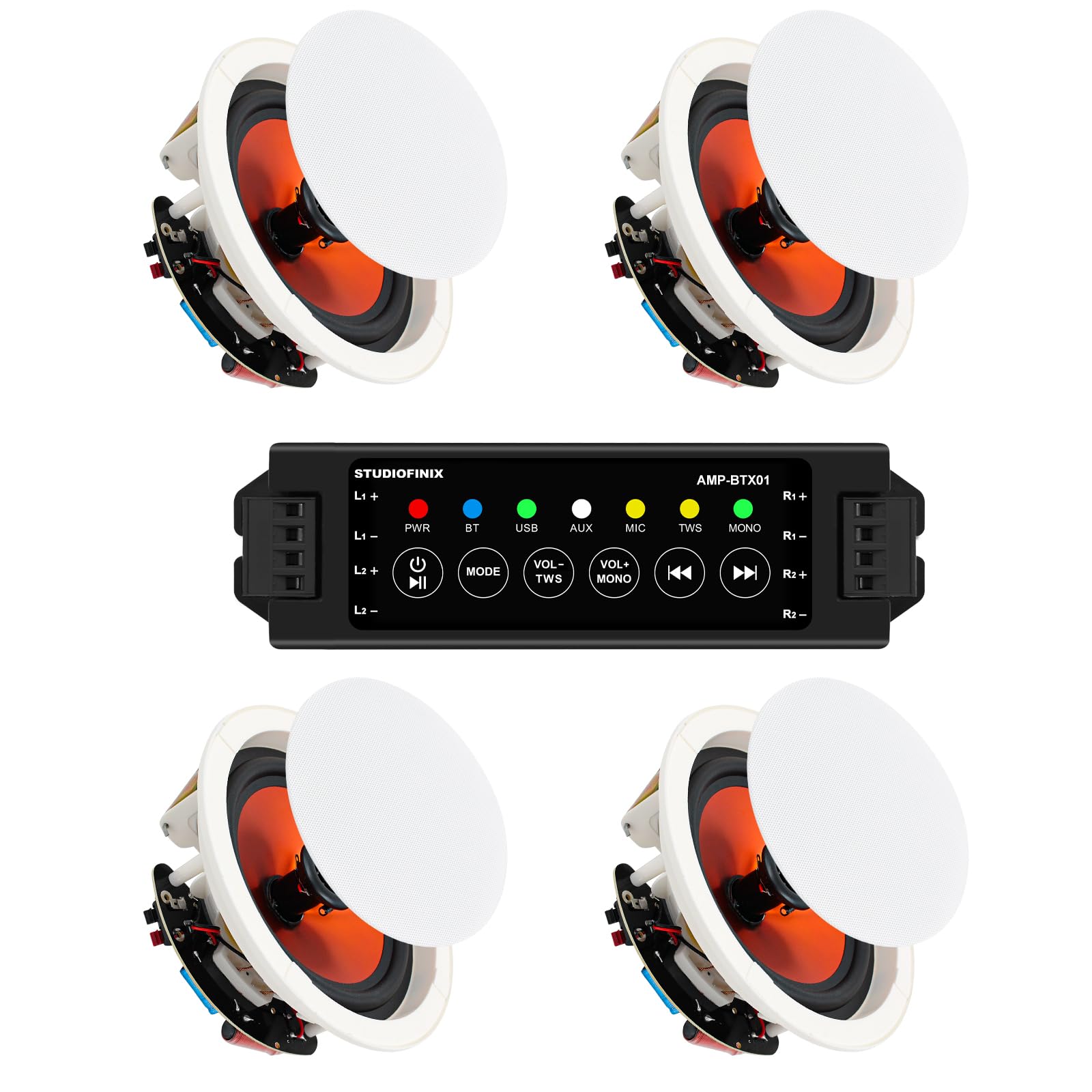 STUDIOFINIX 4" Bluetooth Ceiling Speakers with A 4-Channel Amplifier, 240W Max Power Output Pair - Perfect for Clear Sound in Living Room, Office, Kitchen, Basement & Covered Patio (4 Speakers)