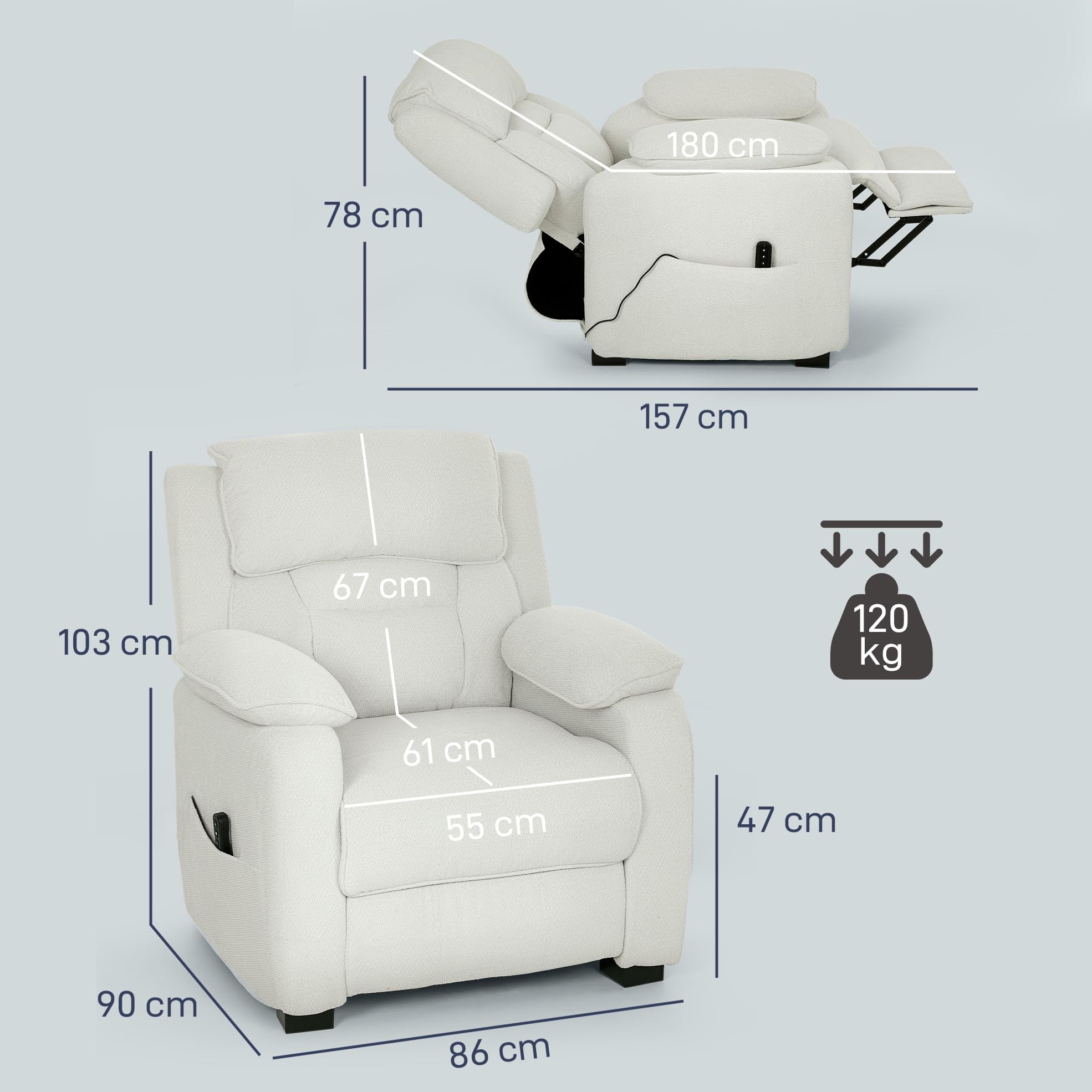HOMCOM Sillón reclinable eléctrico con Puerto USB Crema | Reposapiés, Bolsillos laterales, Reposacabezas, Mando remoto, Motor silencioso, 2 posiciones de memoria, Sala cine en casa