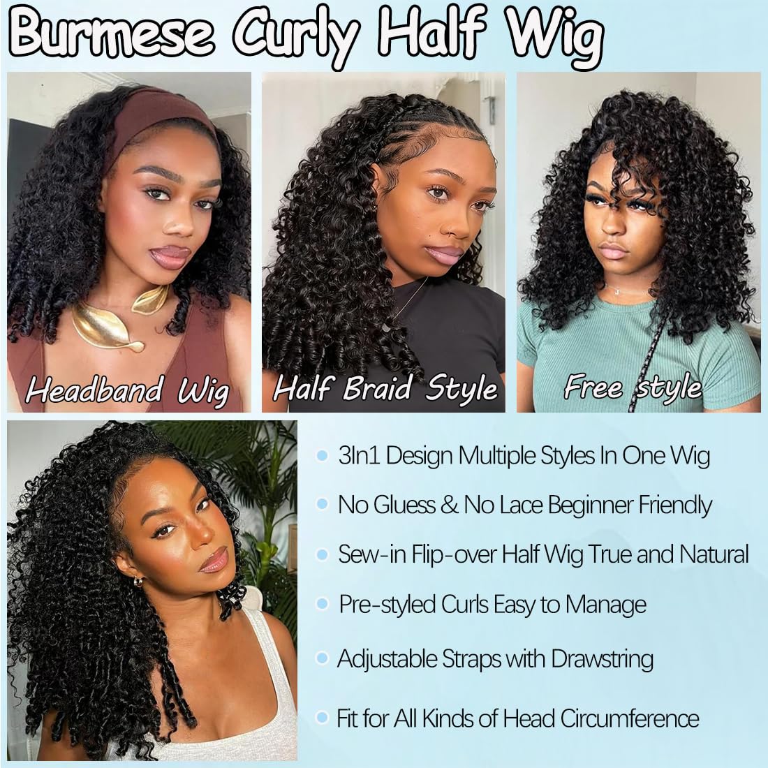 Amella Half Wig Human Hair Burmese Curly Wig for Women 200% Density 3 In 1 Seamless Flip Over Half Wigs Beginner Friendly Wear Go Drawstring Wig No Glue No Sew Natural Color & Easy Install（24inch）