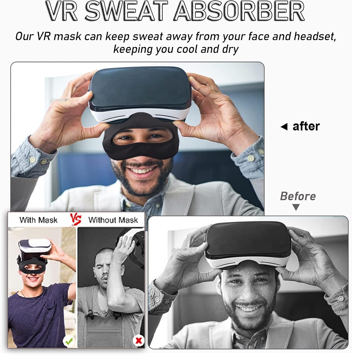 3 Pack VR Sweatband Mask Cover, Adjustable VR Eye Mask Cover Breathable Sweat Protection VR Face Cover Wearable VR Accessories (Color : Black)