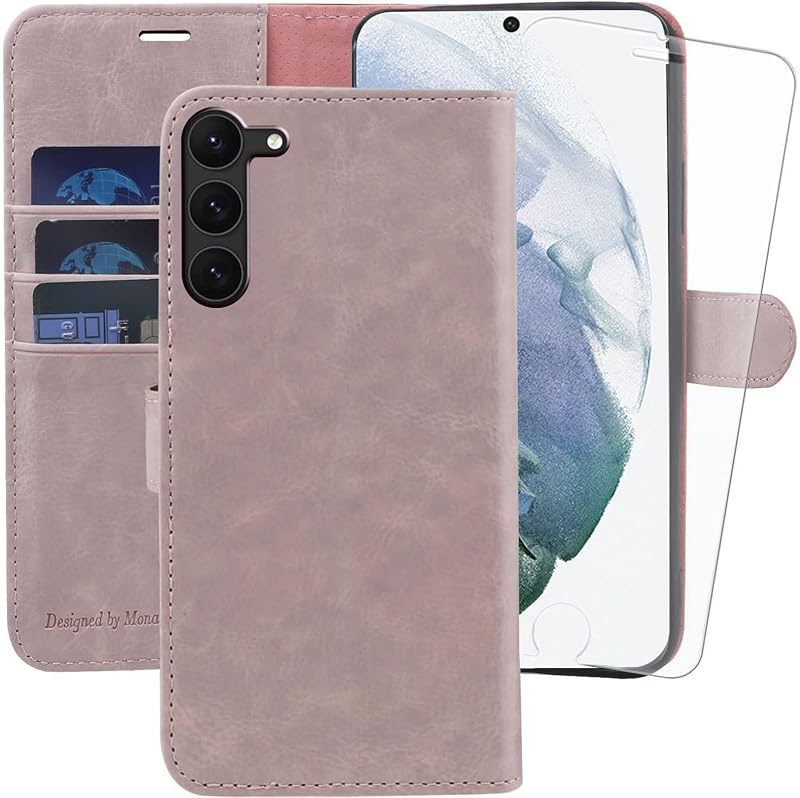 MONASAY Samsung Galaxy S23 5G Bőr Flip Tok - Rózsaszín, Kártyatartóval, Állvánnyal, Mágneses Záródással, Ütésálló Védőtok, Képernyővédő Fóli