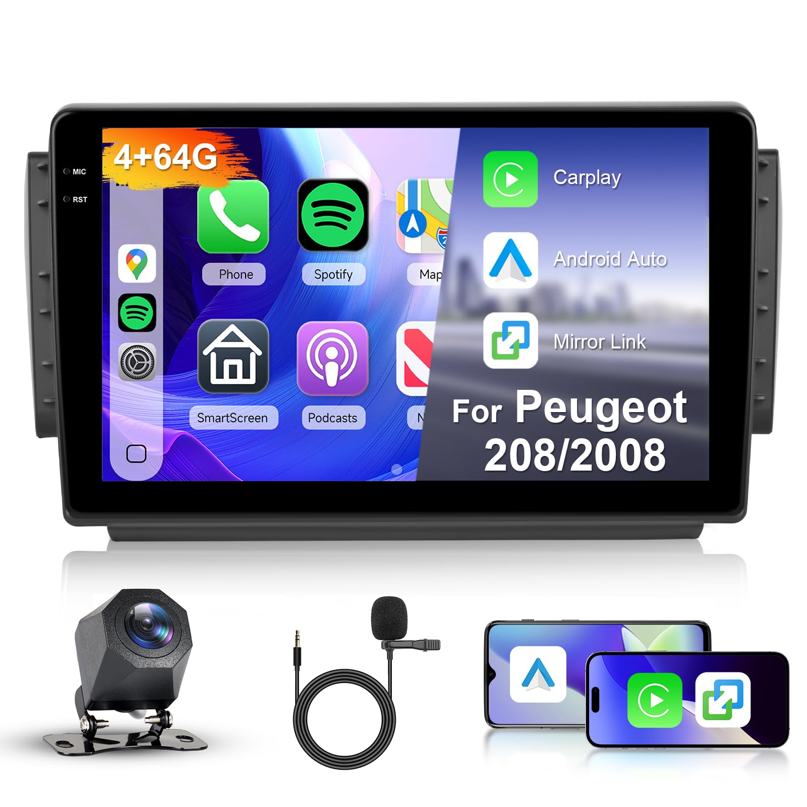 Hodozzy Radio samochodowe 4G + 64G do Peugeot 208/2008 2012-2018 Android 10 cali InCell ekran dotykowy radio samochodowe nawigacja Carplay Wireless Android Auto Radio 2 DIN, Bluetooth, DSP, WiFi, GPS