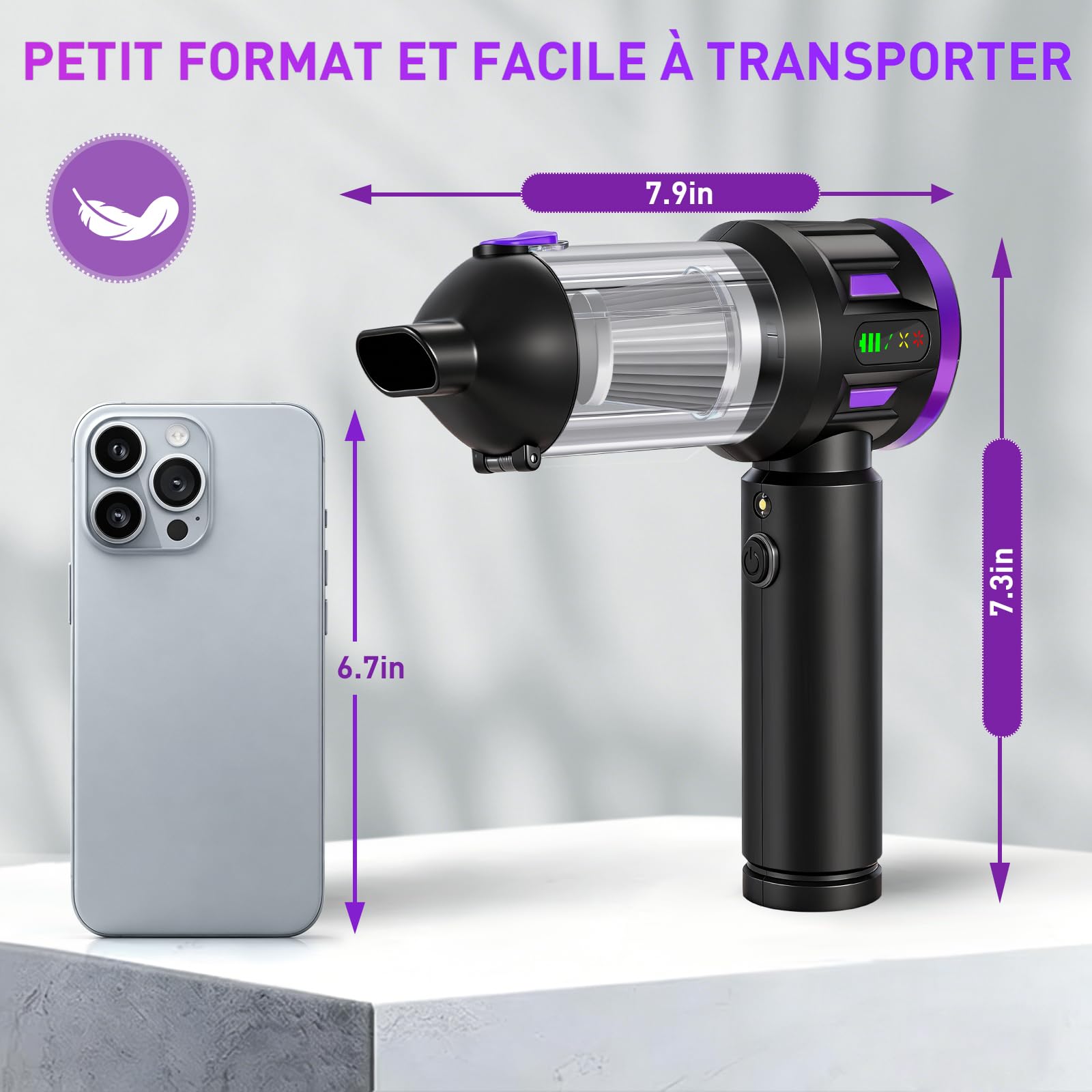 Aspirateur à Main, 22000PA Aspirateur Voiture sans Fil Puissant, 220000 TR/Min Moteur sans Balai, 4 en 1 Niveaux Réglables pour Poils d'animaux, Voiture, Maison, Violet