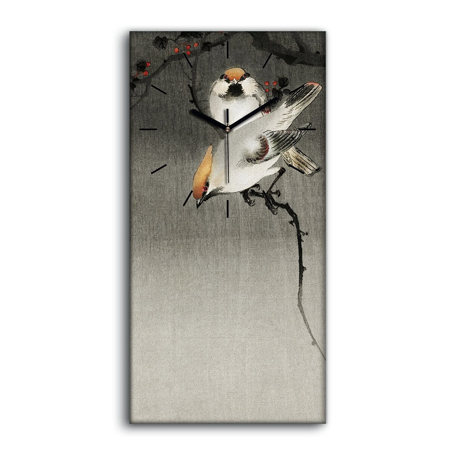 Horloge sur Toile Sans Tic-Tac Tableau Zen Oiseaux 30x60cm Mains Noires