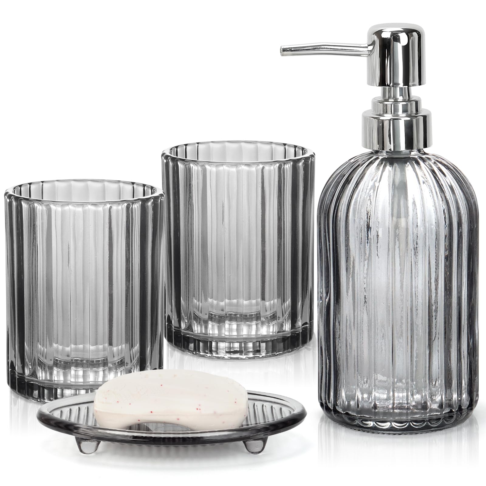 Evita el desorden en el lavabo con este juego de accesorios de baño de vidrio limpio