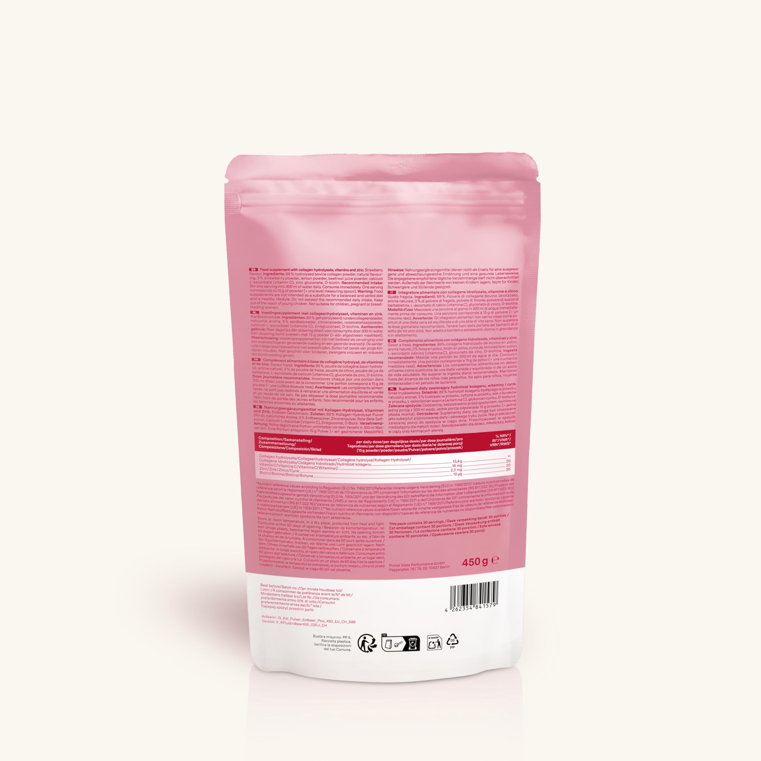 Glow25® Collagen Plus Typ Strawberry [3x450g] – Kollagen Hydrolysat mit Vitamin C, Zink und Biotin – Peptide Typ 1 und 3 – Speziell für Wasser entwickelt – Mit Erdbeer-Geschmack