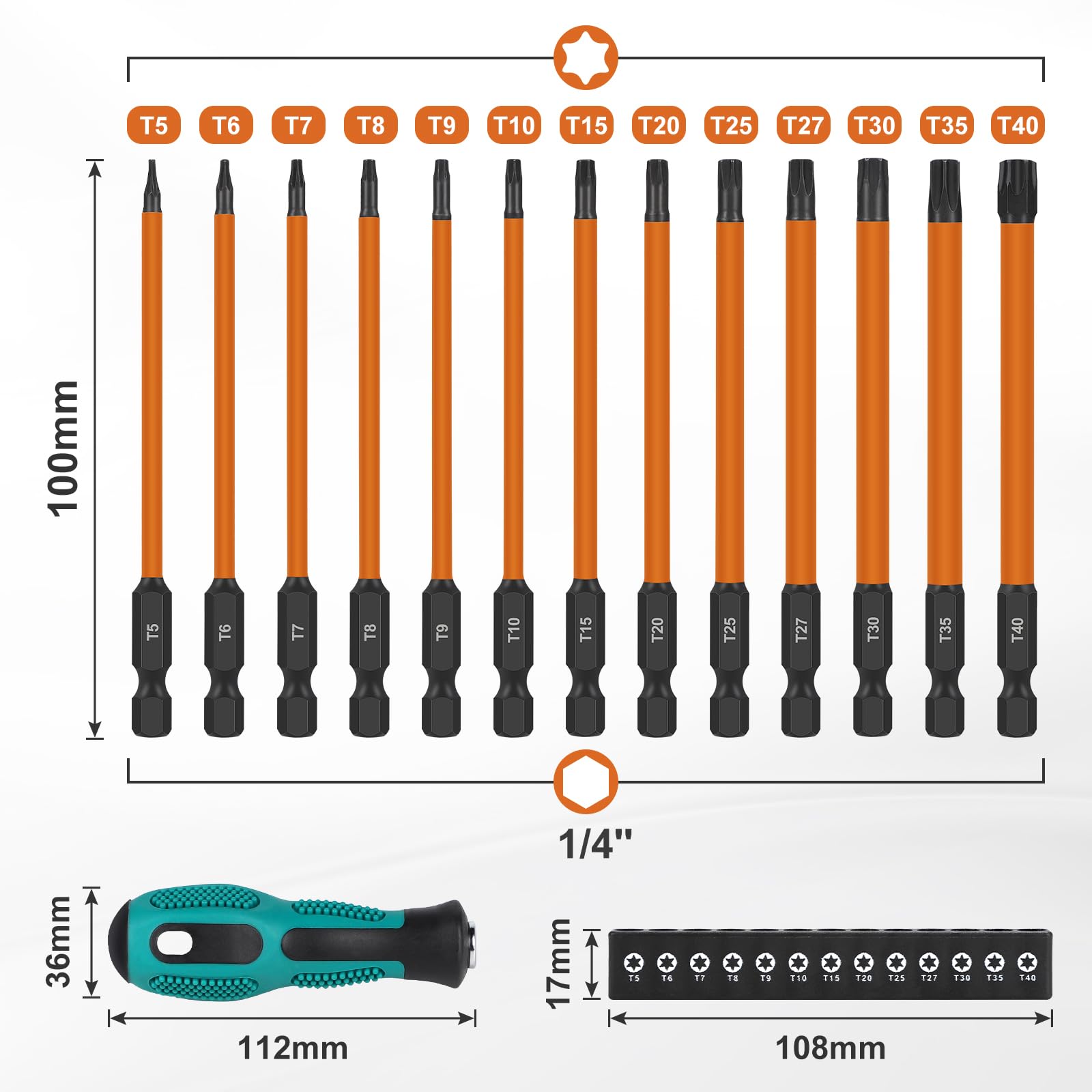 EFUTURETIME Juego de Destornilladores Torx 100mm, T5 T6 T7 T8 T9 T10 T15 T20 T25 T27 T30 T35 T40, 13pcs Destornilladores Torx Largos Magnético con Atornillador Manual, Acero S2