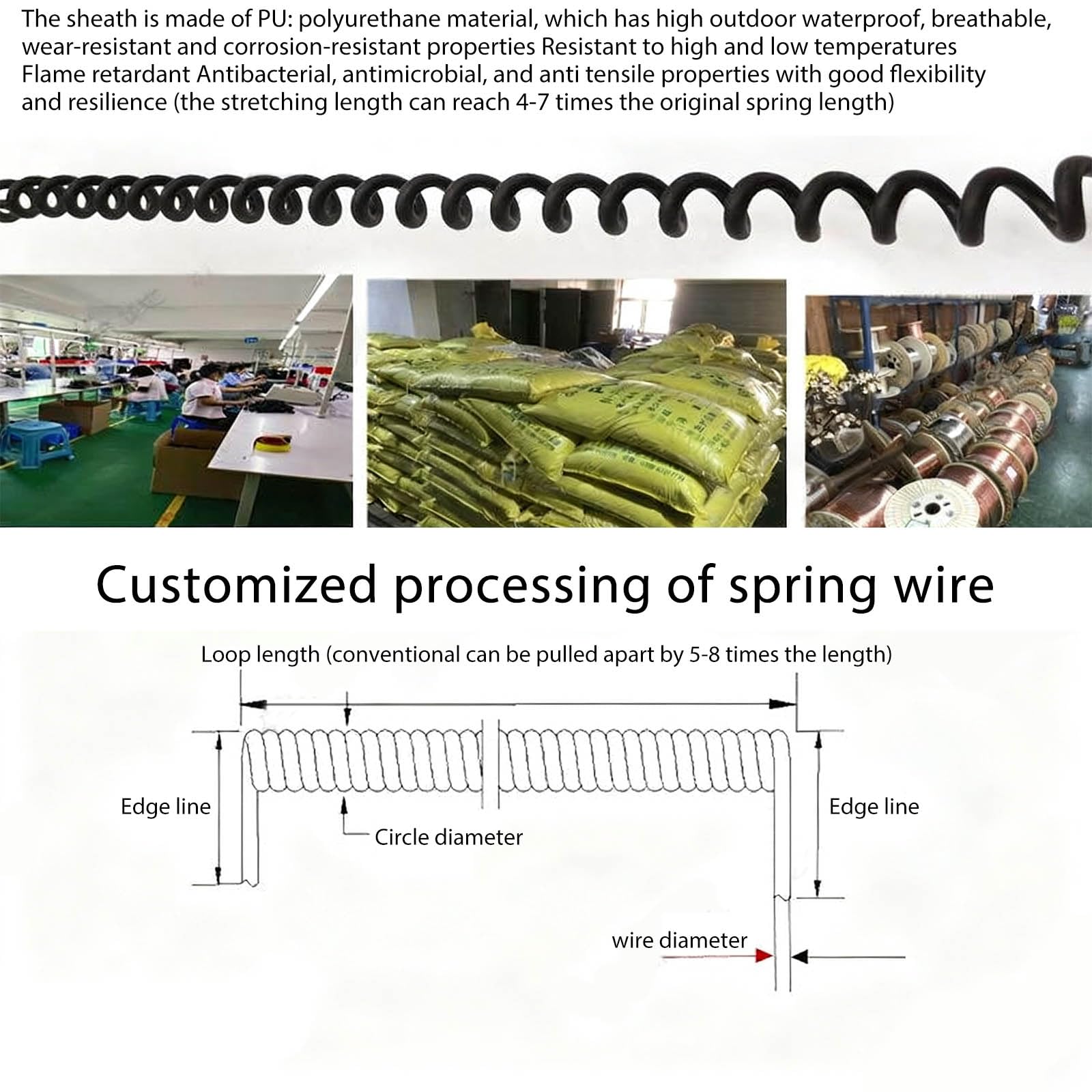 Cable retráctil de grado industrial de 4 conductores en espiral de 18 AWG, cable retráctil, cable de extensión de alimentación, cable elástico