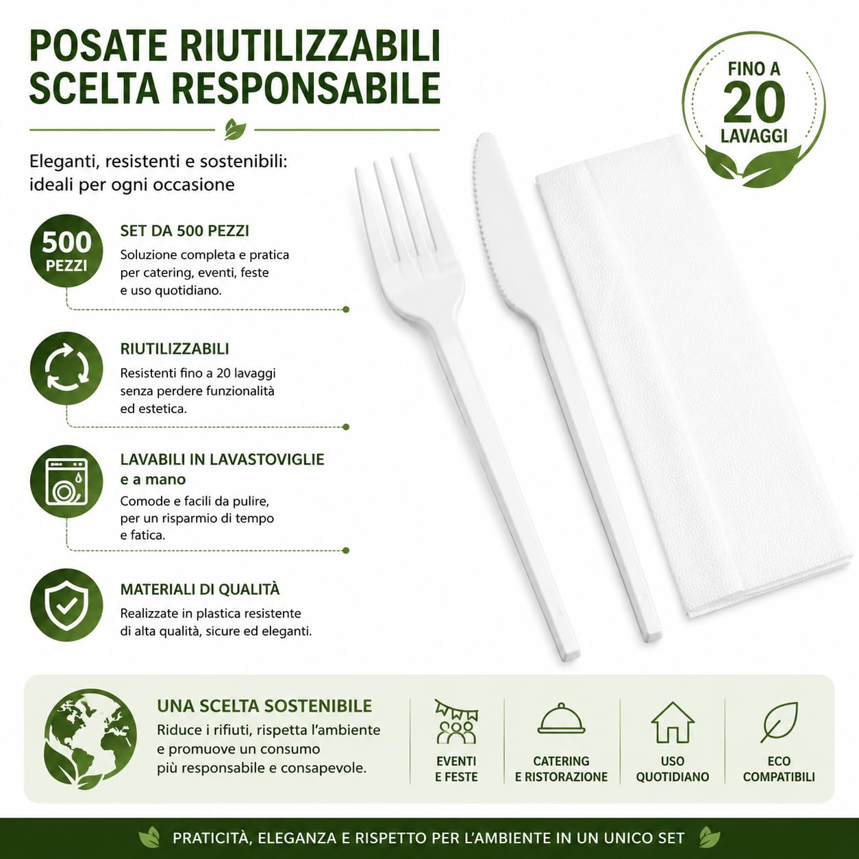 Kit Bis Posate Bianche Riutilizzabili, Forchetta e Coltello con Tovagliolo Monouso, Set Posate per Catering, Eventi, Ristoranti, Feste e Asporto 500 Pz