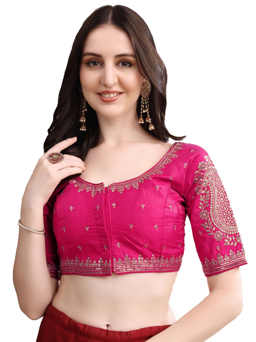 vihu fashion Womens Readymade Blouse Embroidery Golden zari Coding Sequence Thread Work Indian Ethnic Designer Half Sleeve Readymade Trendy Blouse Collection for Women Saree Lehenga Choli-picture-18