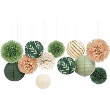 AOBKIAT Wedding Party Decorations Set,12PCS Olive Green Sage Paper Pom Poms Lanterns with Olive Leaf,for Engagement,Baby Shower,Bridal Shower,Boho Party