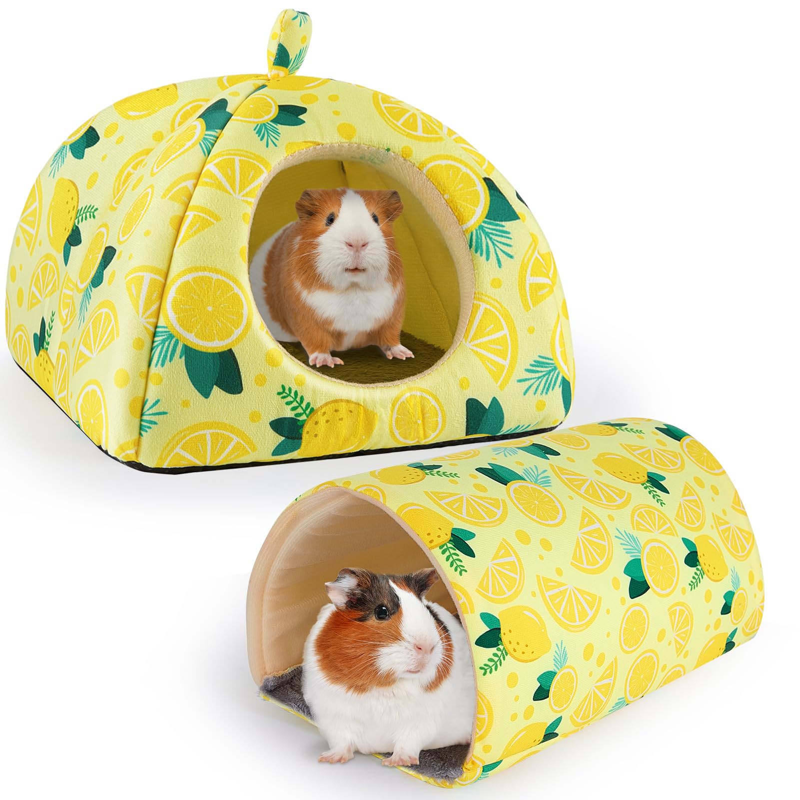 Bienbee Guinea Pig Hideout, Washable Rabbit Bed with Guinea Pig Tunnel, 2 Pack Guinea Pigs Toys Set Bunny Hideout Cage Accessories for Hamster Ferret Rabbits Bunny,Yellow Lemon