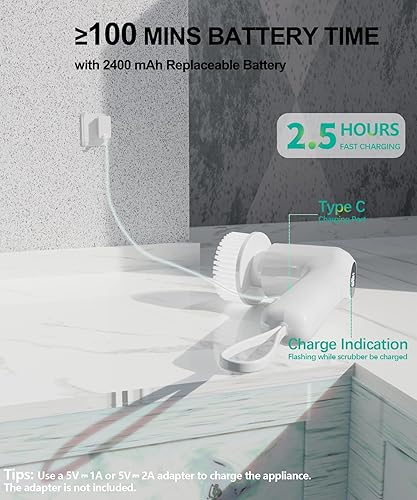 Miniatura 3 de Limpiador eléctrico giratorio WKY Power para limpiar la ducha, baño, bañera, azulejos, estufa, cepillo eléctrico, 6 cabezales de cepillo de fregar,