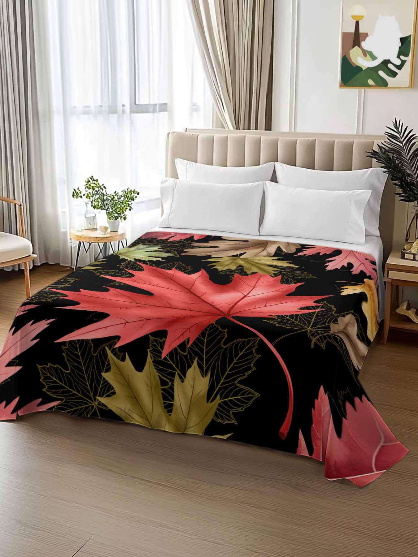 Cal King Size Flat Sheet Only, Autumn Red Maple Leaves Watercolor Bed Top Sheet Soft Microfiber Breathable Bedding Flat Sheets, Gold Sketch Leaf Art Top Sheets Hotel Luxury