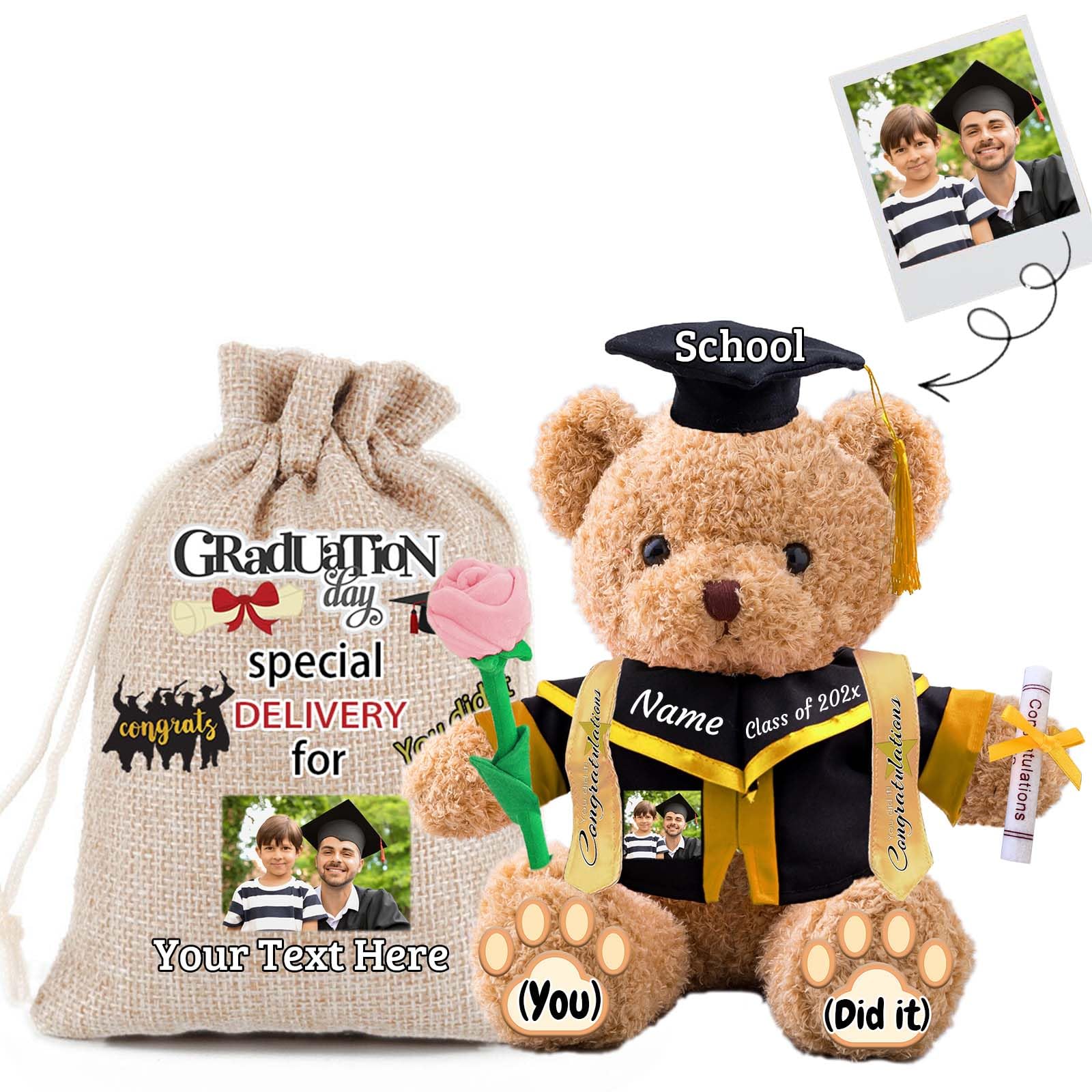 JABECODIFA Personalized Gifts 2025 Graduation Teddy Bear with Text+Photo, Graduation Bear with Rose & Graduation Gift Bag for Graduation Day 2025 as