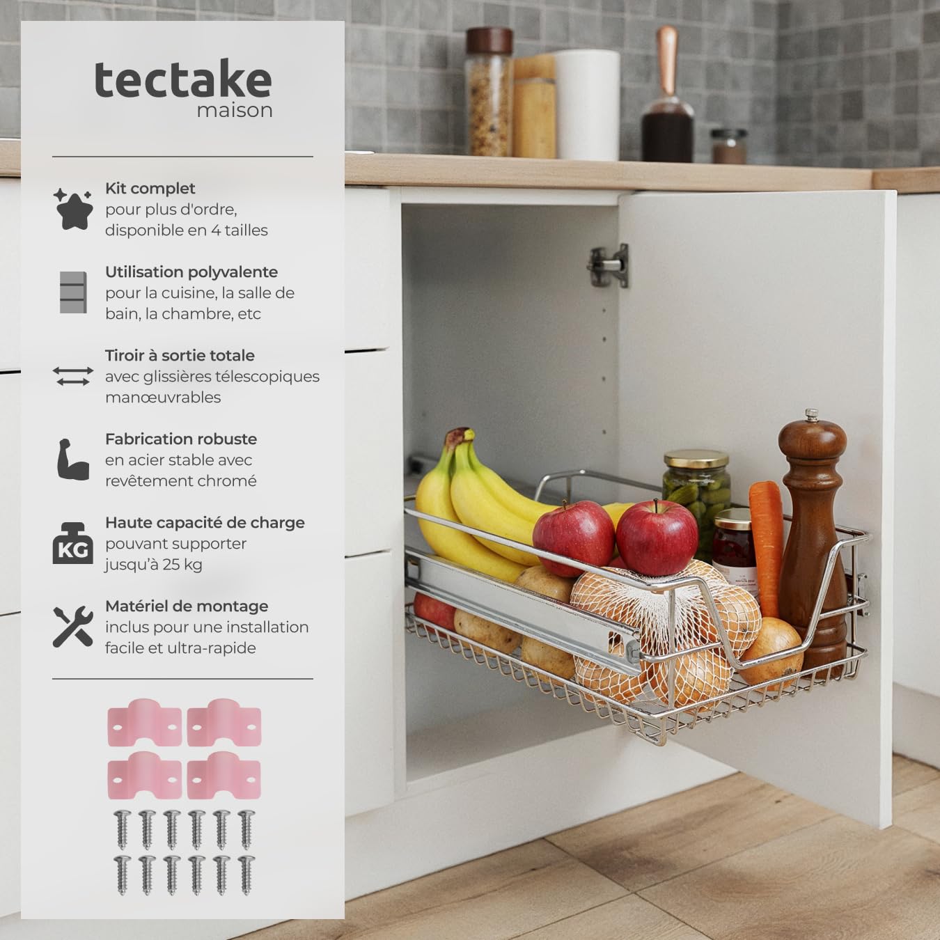 tectake® Lot de 4 Tiroir coulissant Cuisine, 30 cm, Organisateur placard, Tiroirs/Paniers télescopiques en acier, Rangement Cuisine, Dressing, Chambre, Garde manger, Bureau, Rangement sous evier
