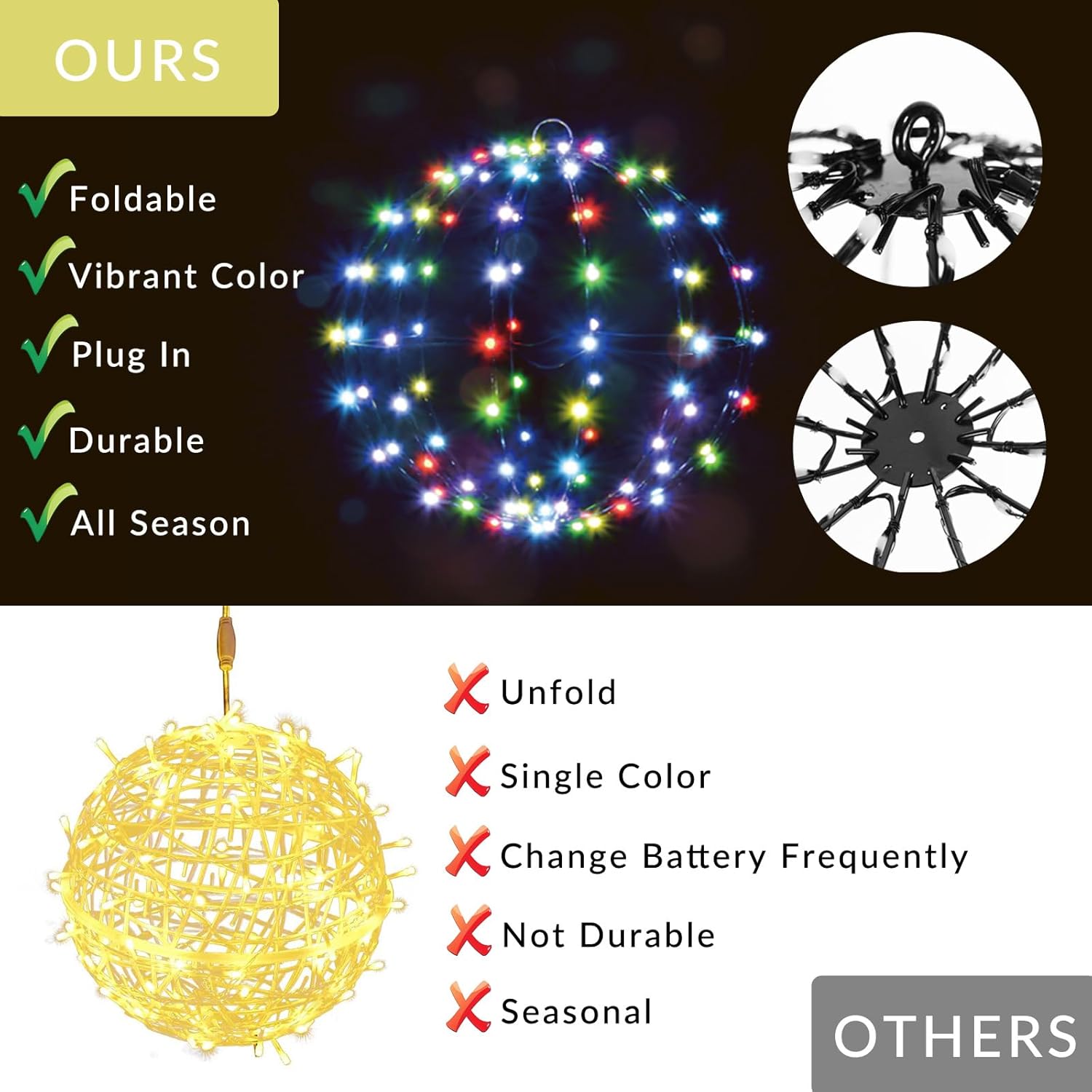 Outdoor Christmas Decorations 12" 108 Led Smart RGB Lighted Balls, DIY Hanging Sphere Light with Remote Iron Frame Foldable Waterproof for Holiday Patio Wedding Patio Tree Gazebo Decor