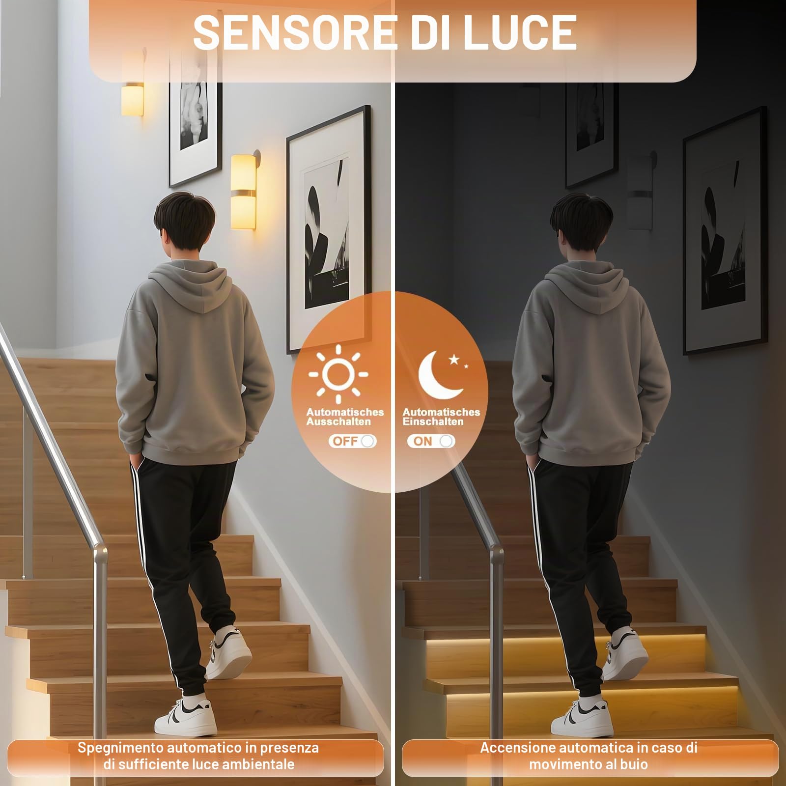 Illuminazione intelligente per scale, 20 livelli, luce bianca calda, 3000 K, LED COB con sensore di movimento e sensore di luce, sistema di illuminazione intelligente per interni, automatico e a