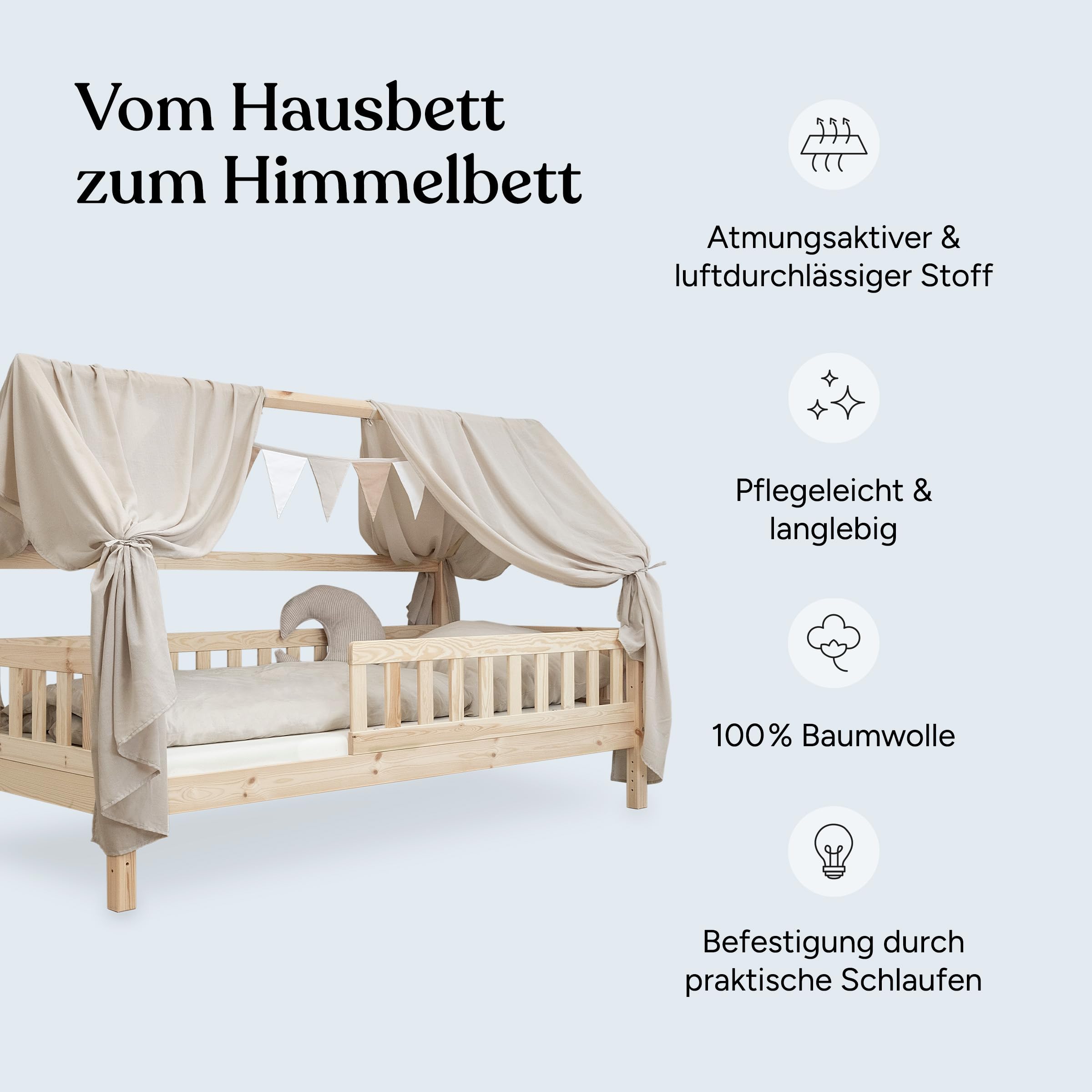 Ehrenkind® Kinderzimmer-Deko-Set: Betthimmel & Wimpelkette für magische Momente | Oeko-TEX Zertifiziert | Kinderzimmer Deko | Betthimmel Kinderzimmer, 120x200 Beige