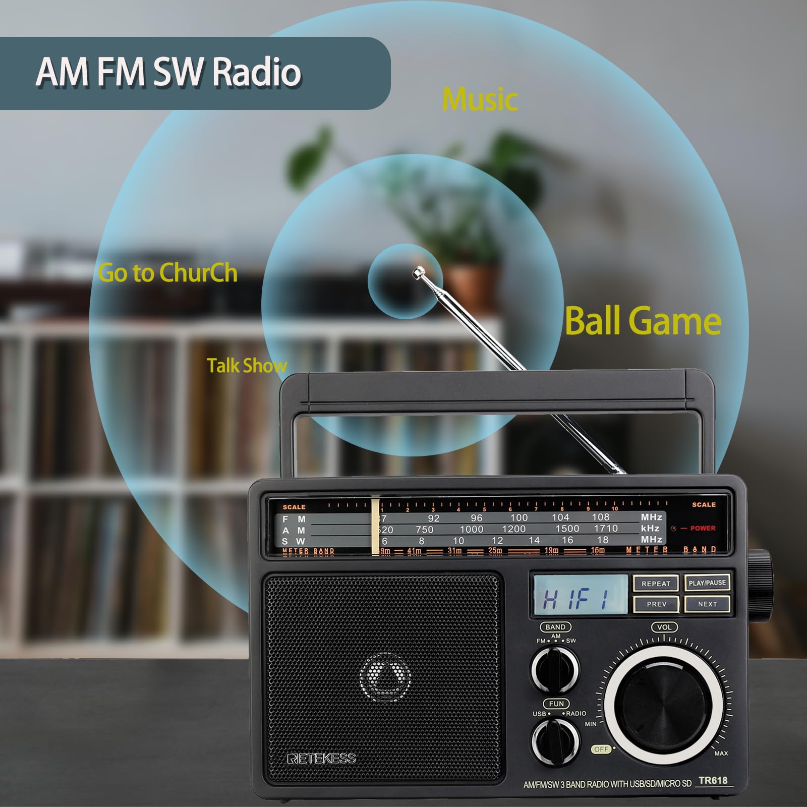 Retekess TR618 Poste Radio Portable, Radio Pile et Secteur, Transisitor FM AM SW, Lecteur MP3 USB SD TF, Prise de Casque, pour Personnes Âgées (Gris Foncé)