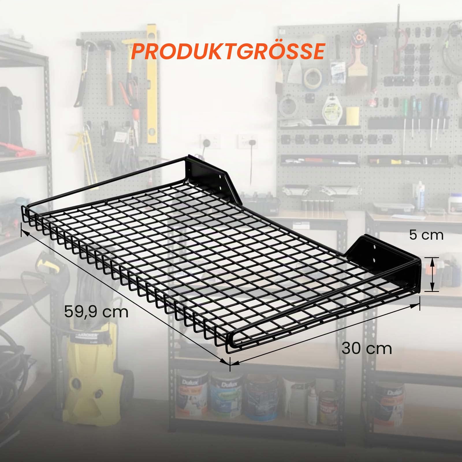 Wallmaster Garagen-Wandregal, 2 Stück, 59,9 x 30 cm, Wandhalterung, robuste Metallregale, Netz-Aufbewahrungsregal für Garage, Büro, Keller und Küche, maximale Traglast 29,5 kg (schwarz)