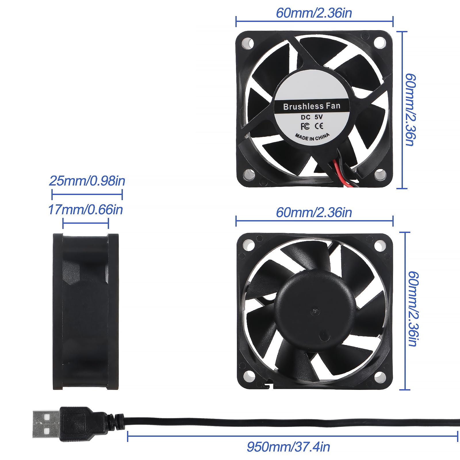 UMLIFE Ventole di raffreddamento silenziose da 60 mm, con doppio cuscinetto a sfera, 60 mm x 60 mm x 25 mm, 5 V CC, senza spazzole, per PC, computer, case di raffreddamento, Raspberry Pi